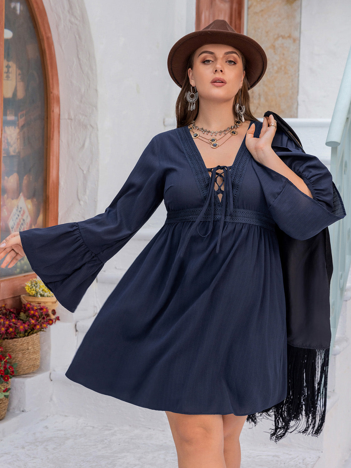 Plus Size Tie Front V-Neck Flare Sleeve Dress - RebelReine Apparel & Co.