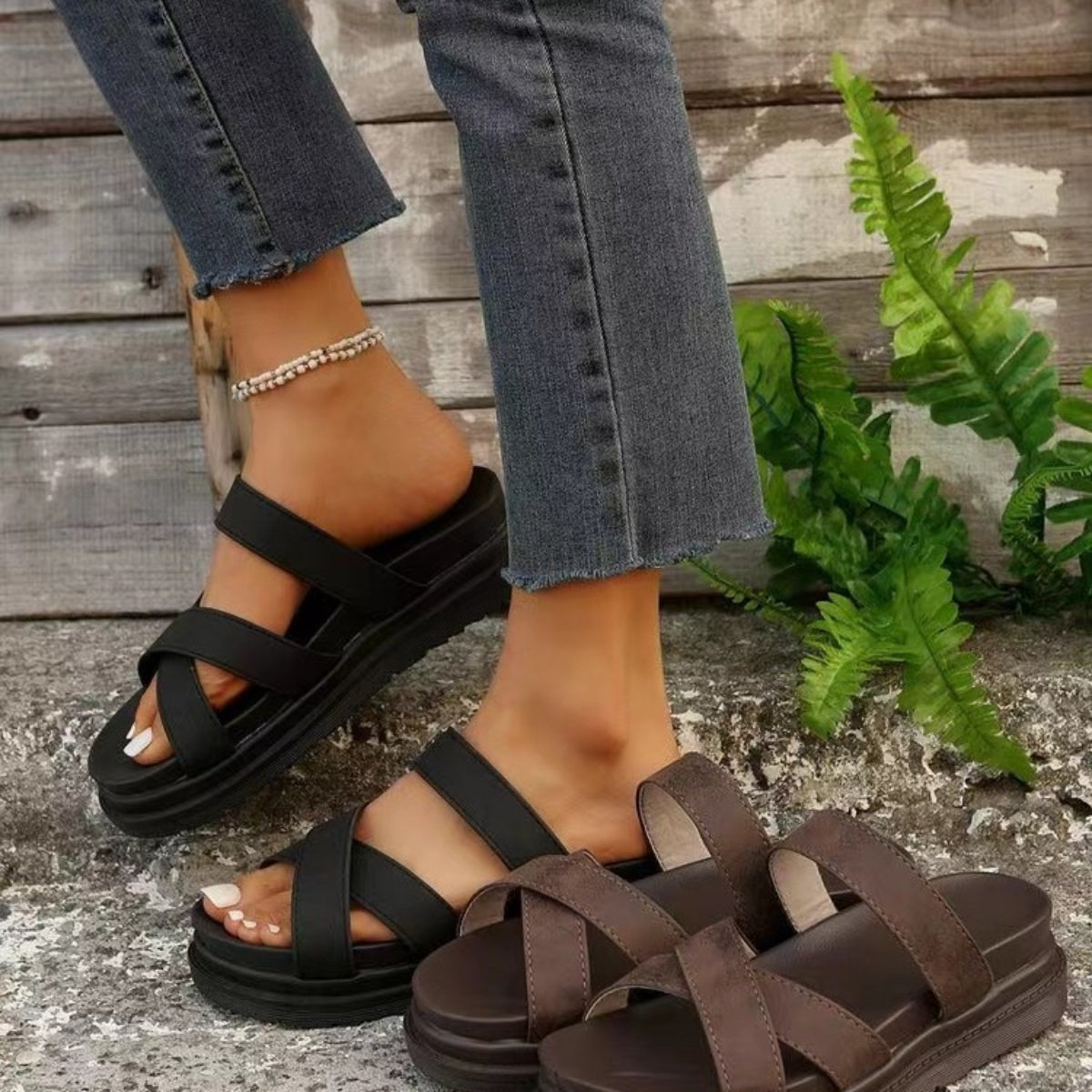 Crisscross PU Leather Flat Sandals - RebelReine Apparel & Co.