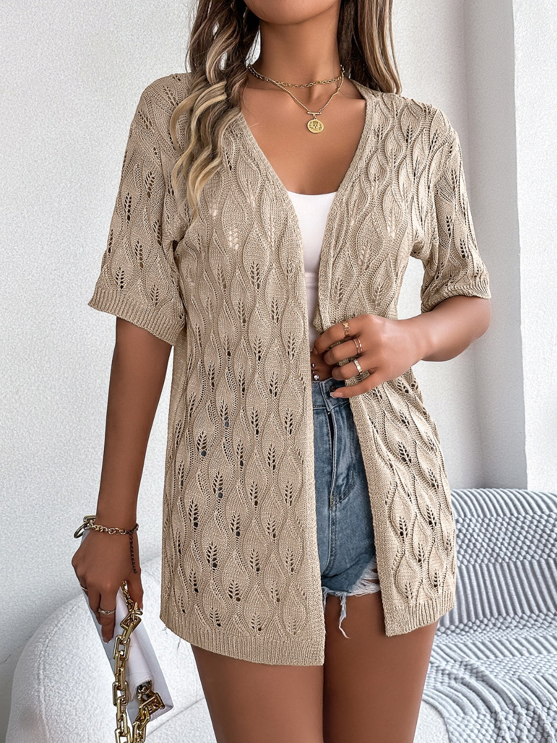 Openwork Open Front Short Sleeve Cardigan - RebelReine Apparel & Co.