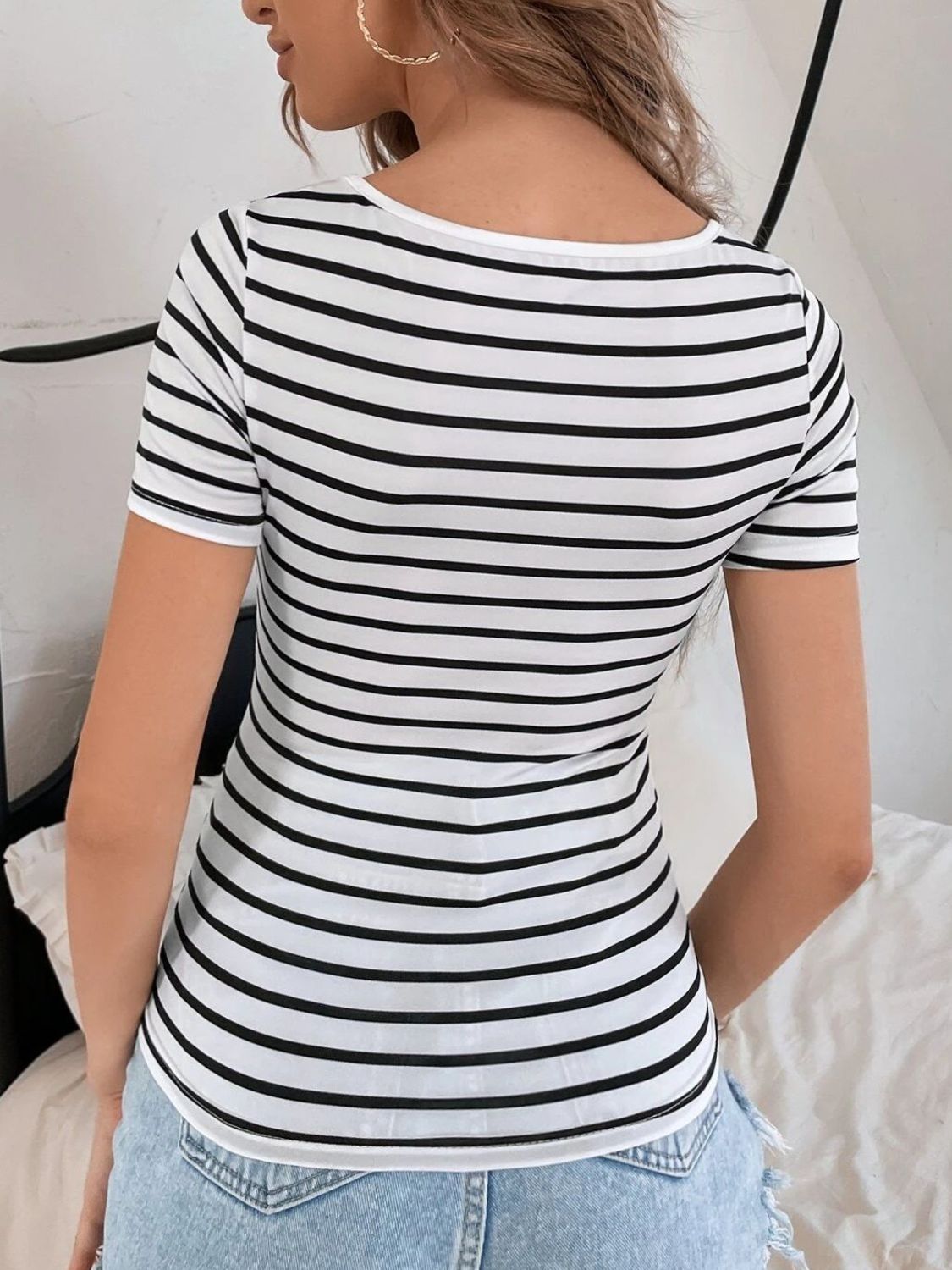 Striped V-Neck Short Sleeve T-Shirt - RebelReine Apparel & Co.