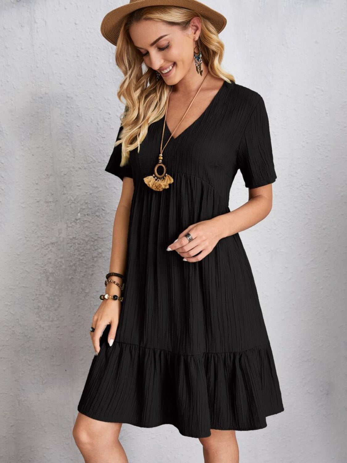 Full Size V-Neck Short Sleeve Dress - RebelReine Apparel & Co.