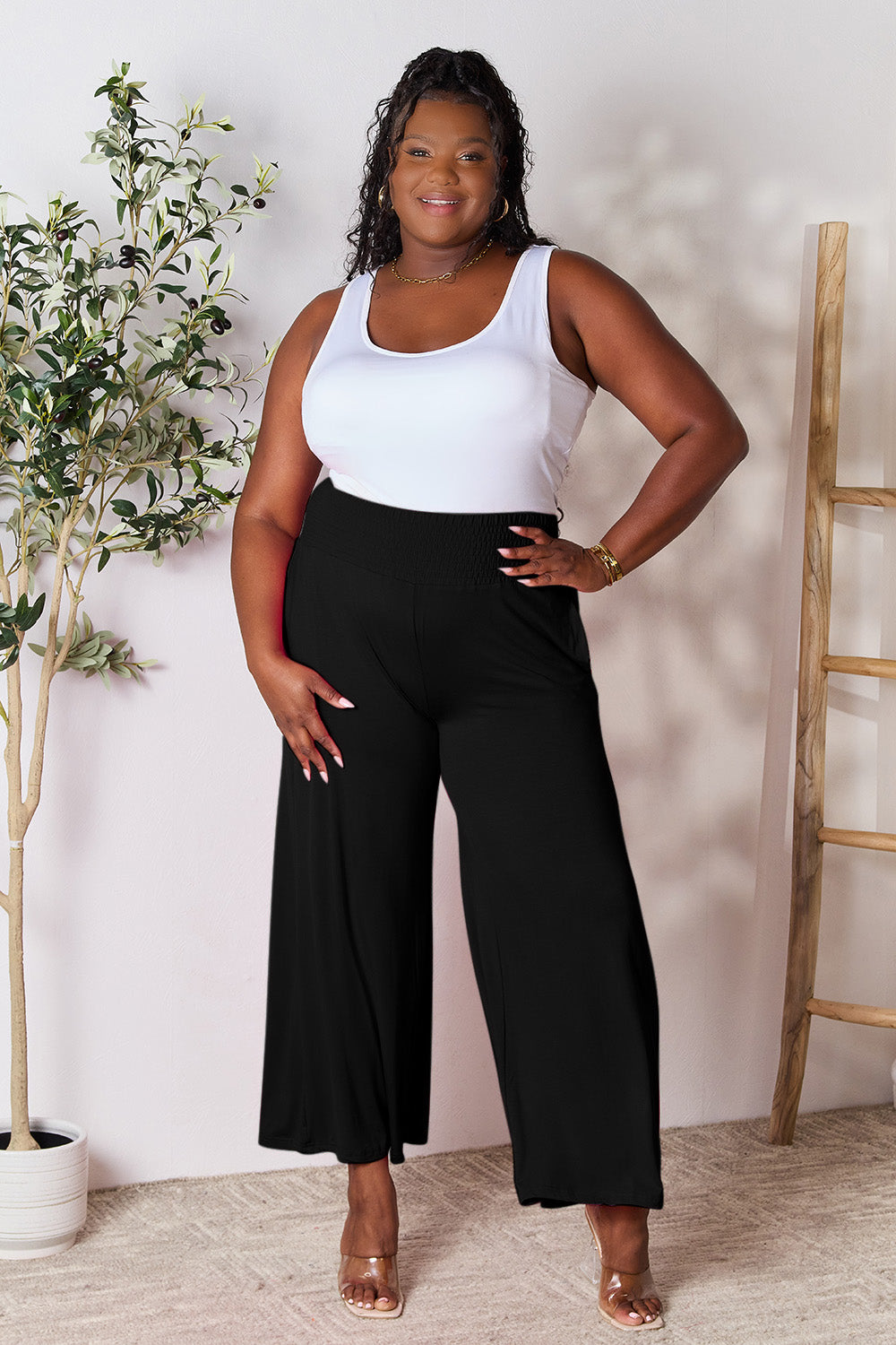 Double Take Full Size Smocked Wide Waistband Wide Leg Pants - RebelReine Apparel & Co.