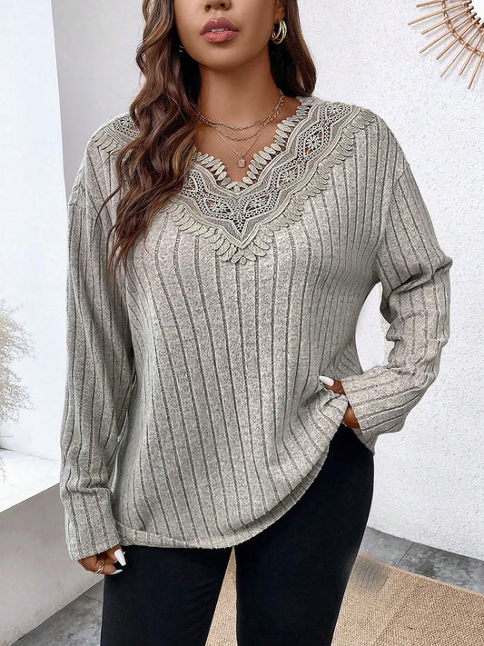 Plus Size Lace Detail Long Sleeve T-Shirt - RebelReine Apparel & Co.