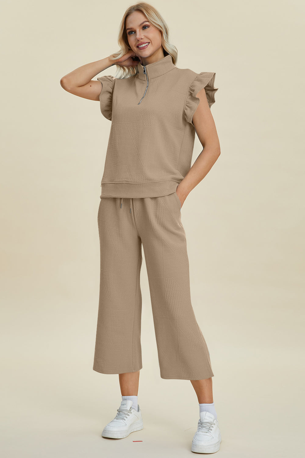 Double Take Full Size Texture Ruffle Short Sleeve Top and Wide Leg Pants Set - RebelReine Apparel & Co.