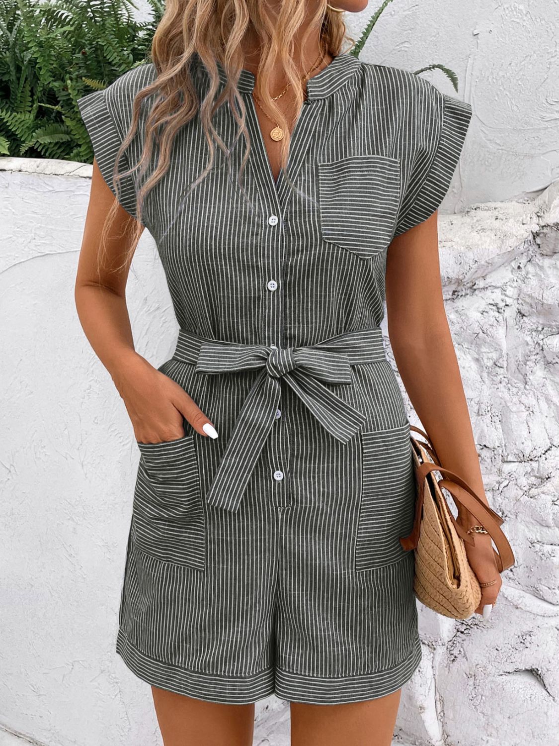 Striped Notched Tie Waist Romper - RebelReine Apparel & Co.