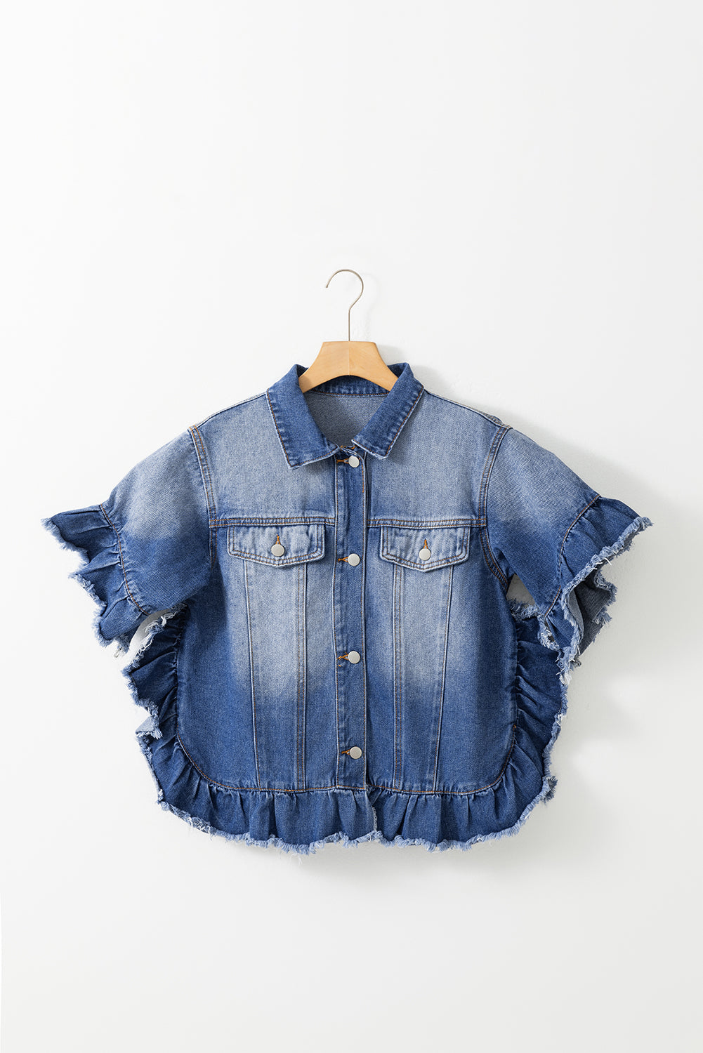 Ruffled Raw Hem Half Sleeve Denim Top - RebelReine Apparel & Co.