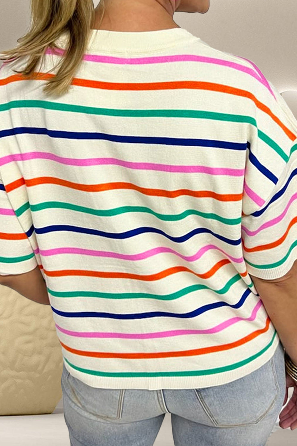 Striped Round Neck Half Sleeve Knit Top - RebelReine Apparel & Co.