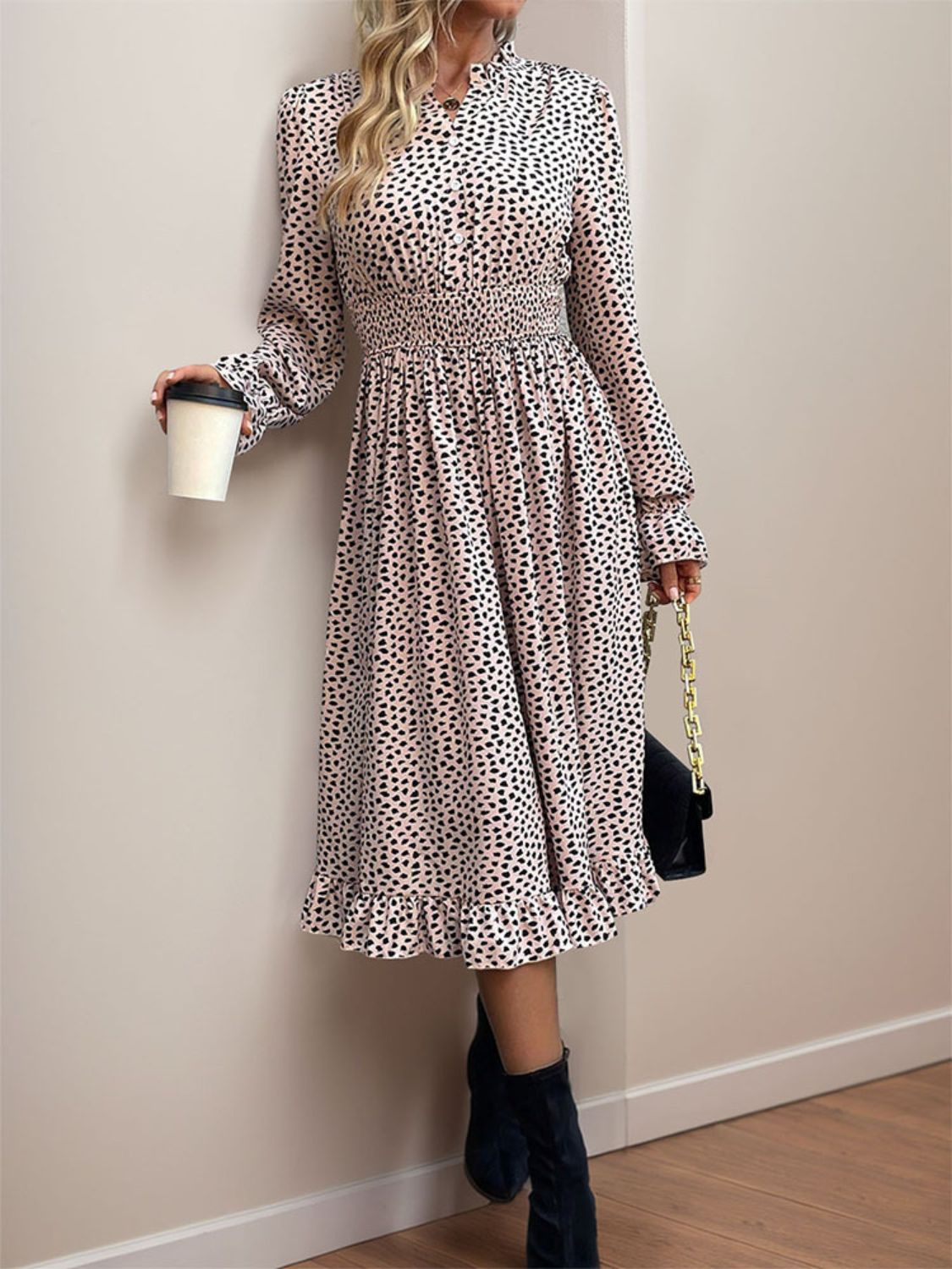 Ruched Ruffled Leopard Long Sleeve Dress - RebelReine Apparel & Co.