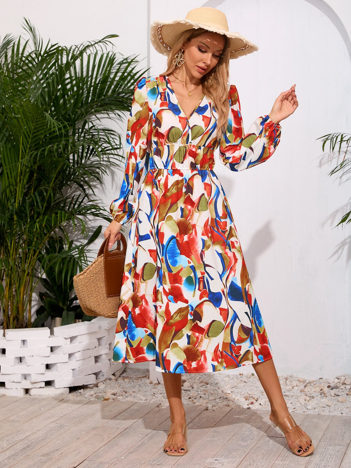 Printed Surplice Long Sleeve Midi Dress - RebelReine Apparel & Co.