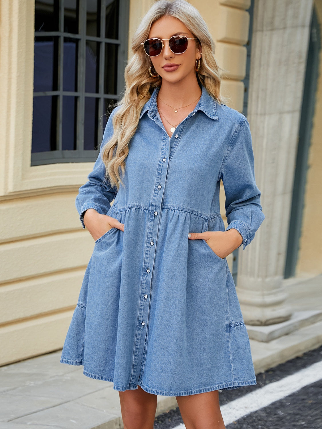 Tiered Button Up Long Sleeve Denim Dress