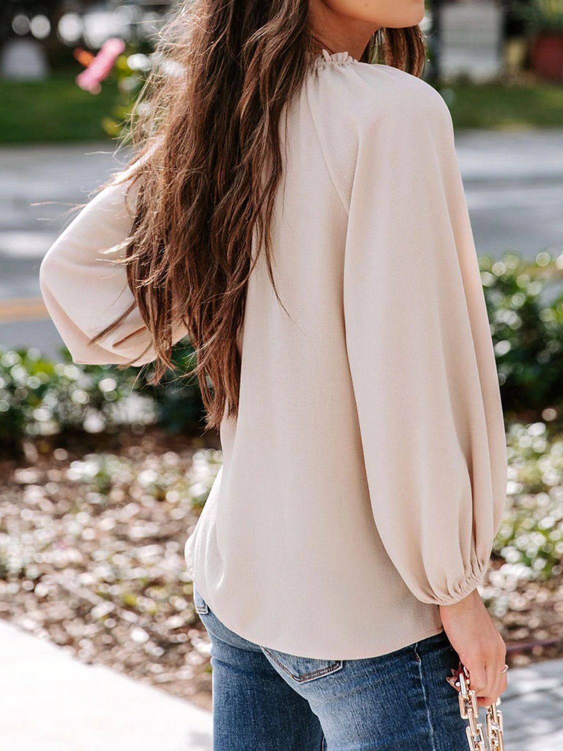 Notched Neck Long Sleeve Blouse - RebelReine Apparel & Co.