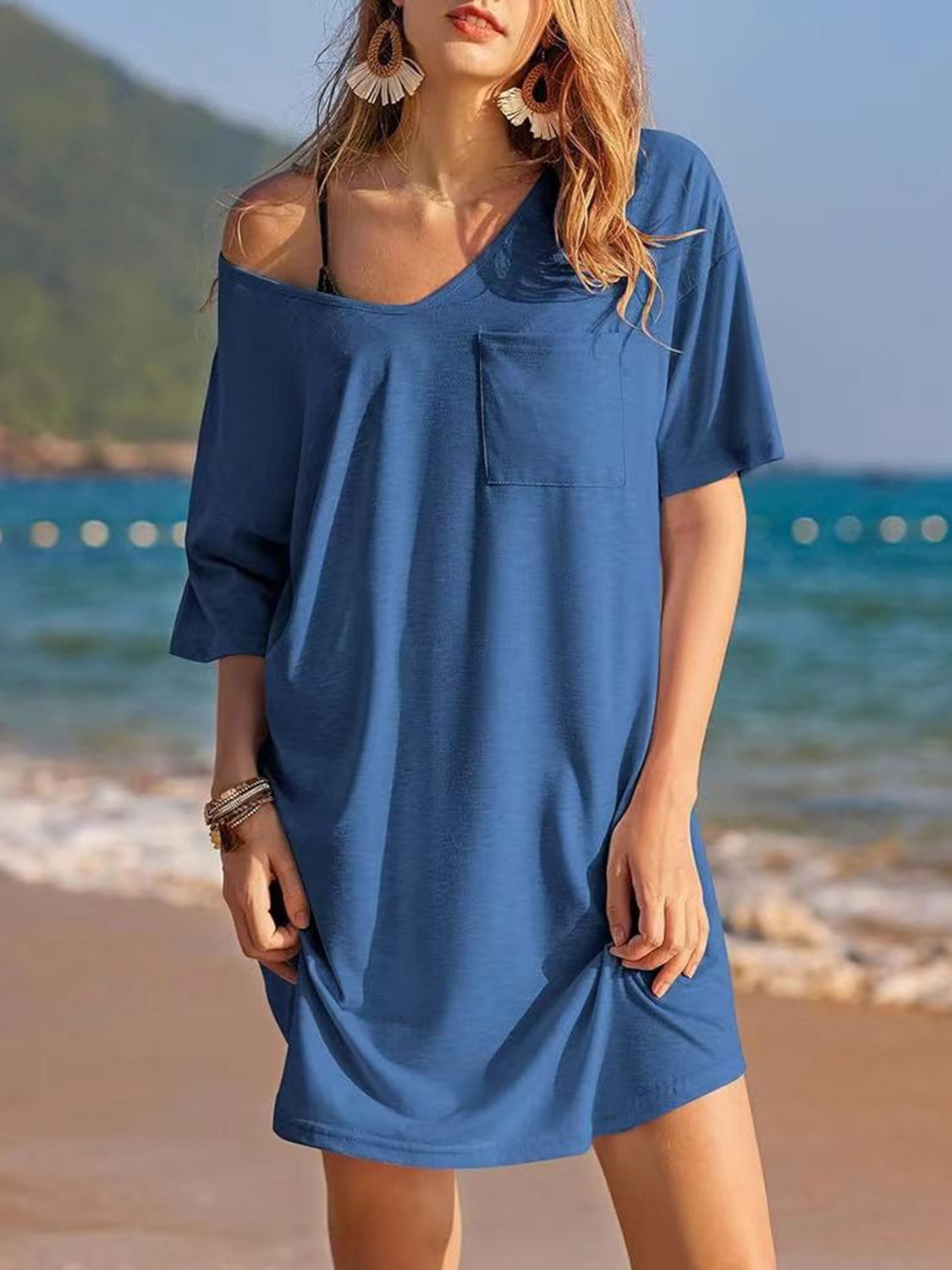 Pocketed V-Neck Short Sleeve Tee Dress - RebelReine Apparel & Co.