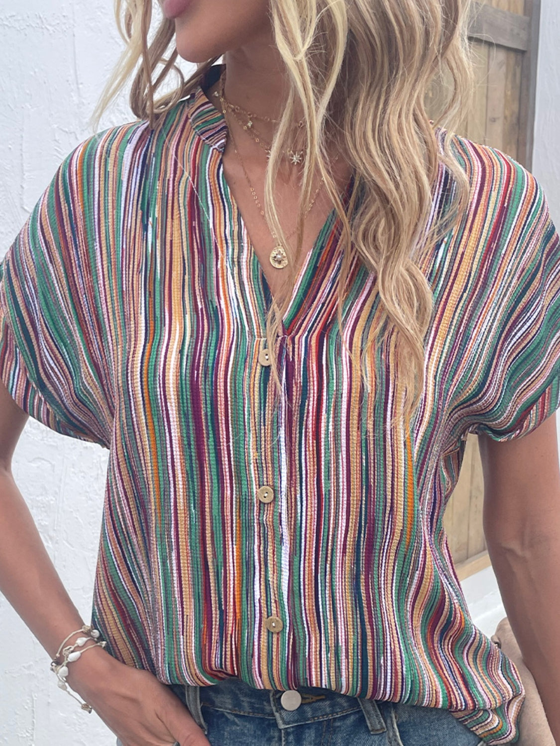 Striped Notched Short Sleeve Blouse - RebelReine Apparel & Co.