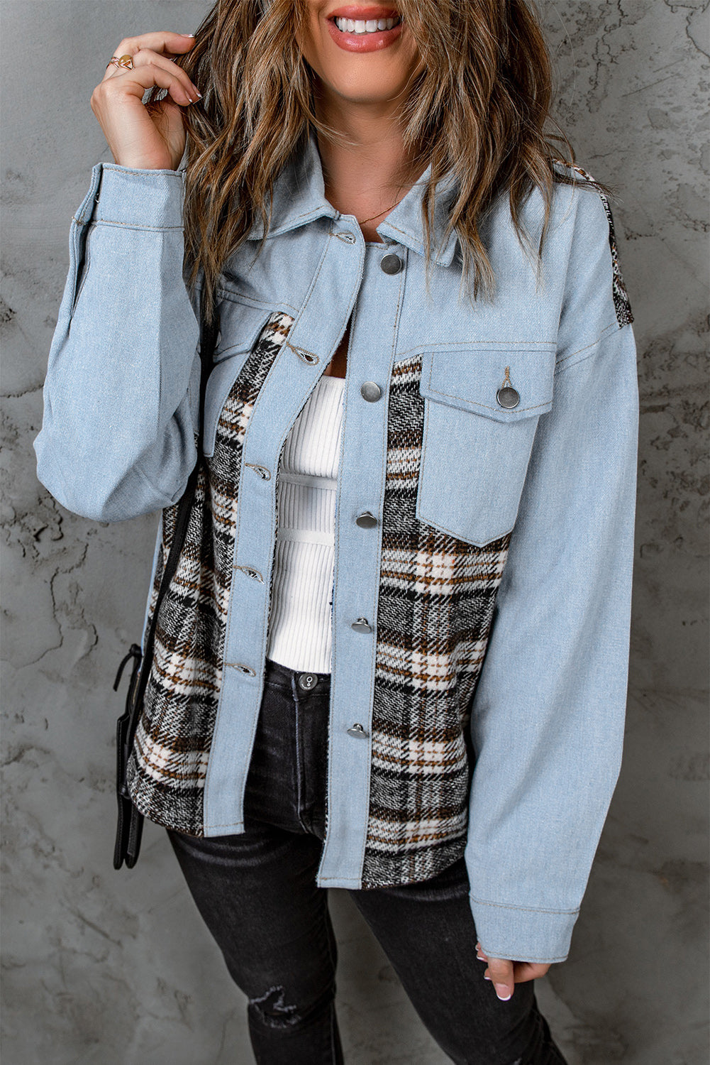 Plaid Pocketed Button Up Denim Jacket - RebelReine Apparel & Co.