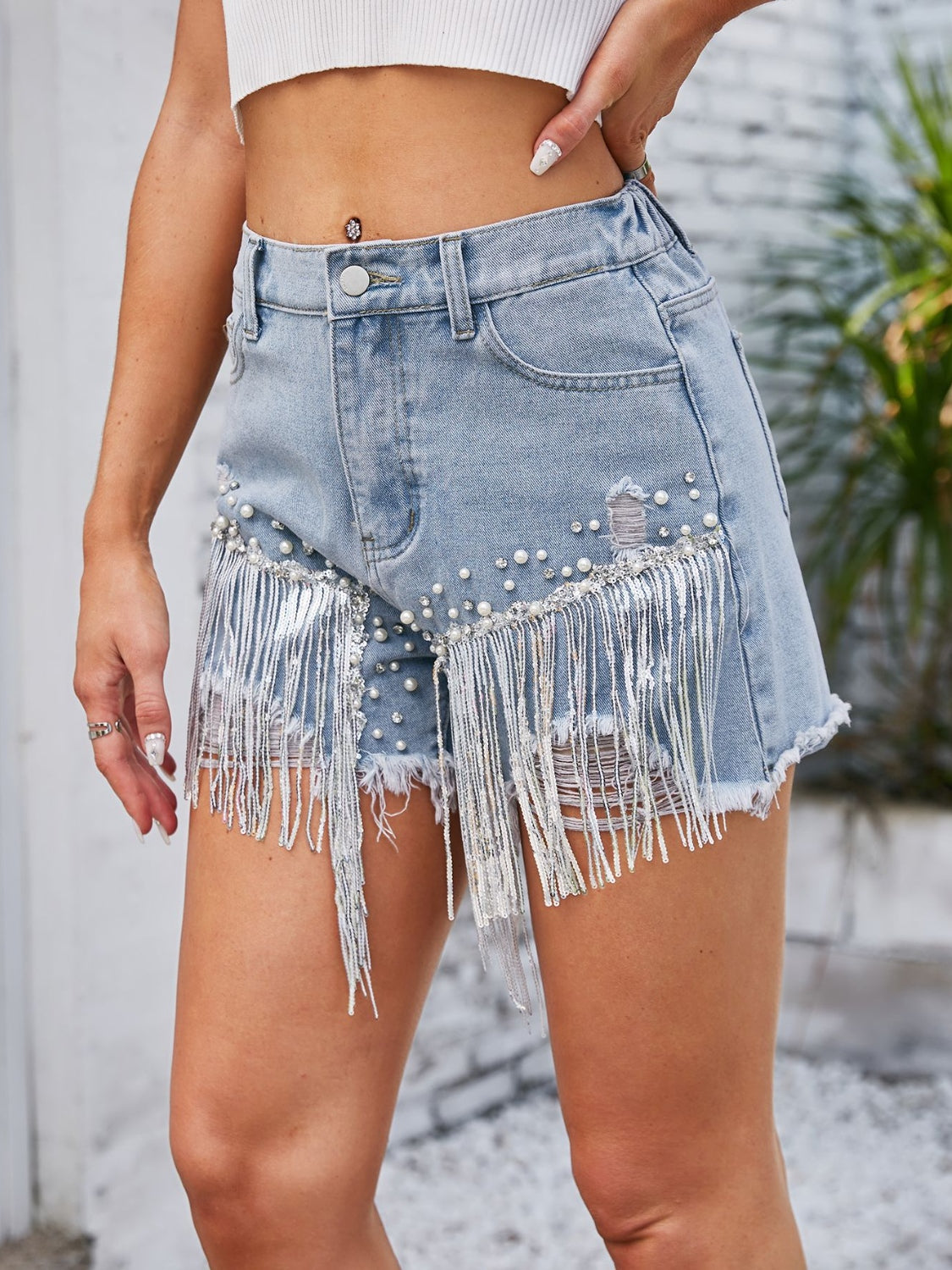 Distressed Pearl Trim Denim Shorts with Pockets - RebelReine Apparel & Co.