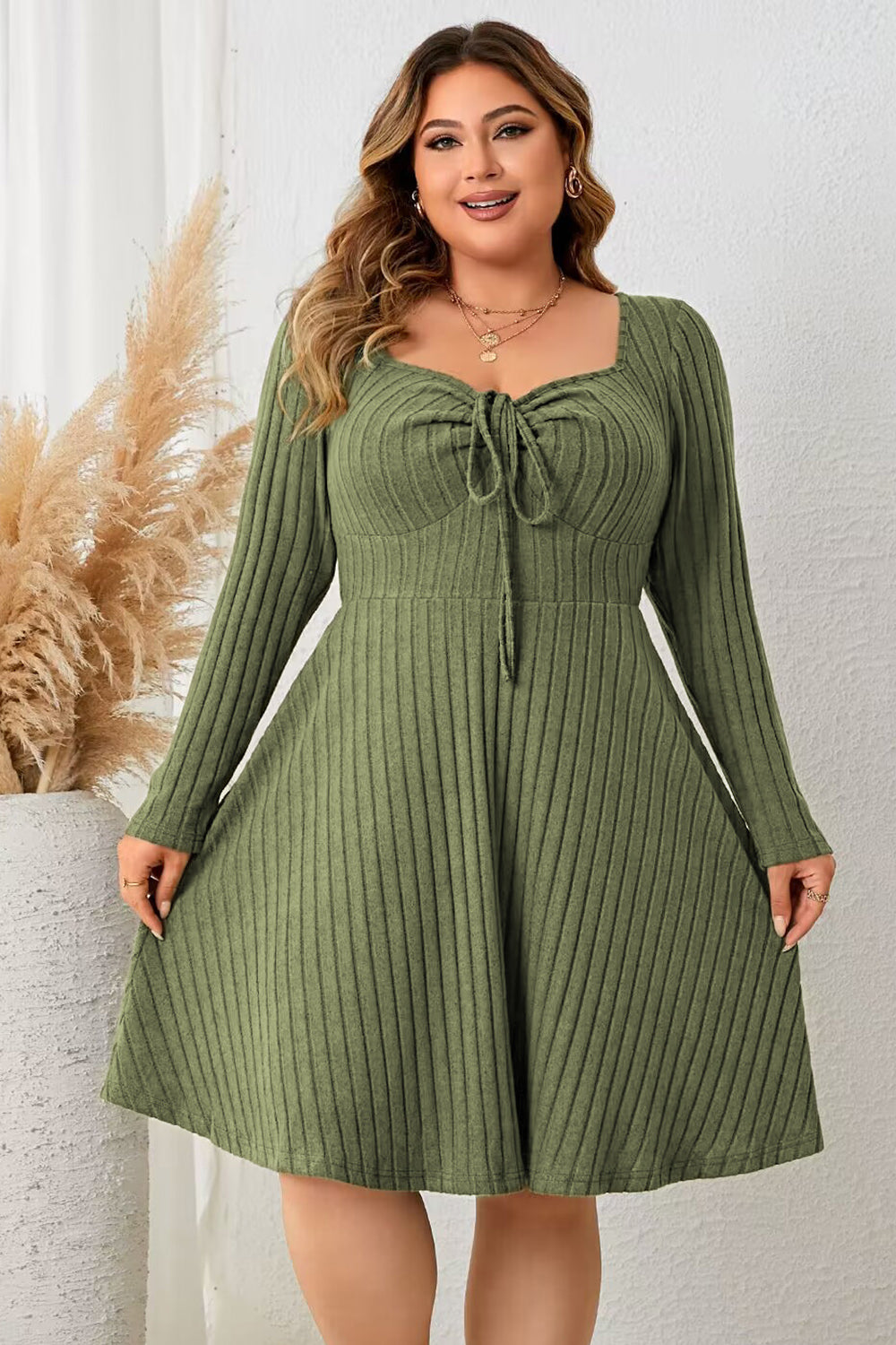 Plus Size Sweetheart Neck Long Sleeve Ribbed Dress - RebelReine Apparel & Co.