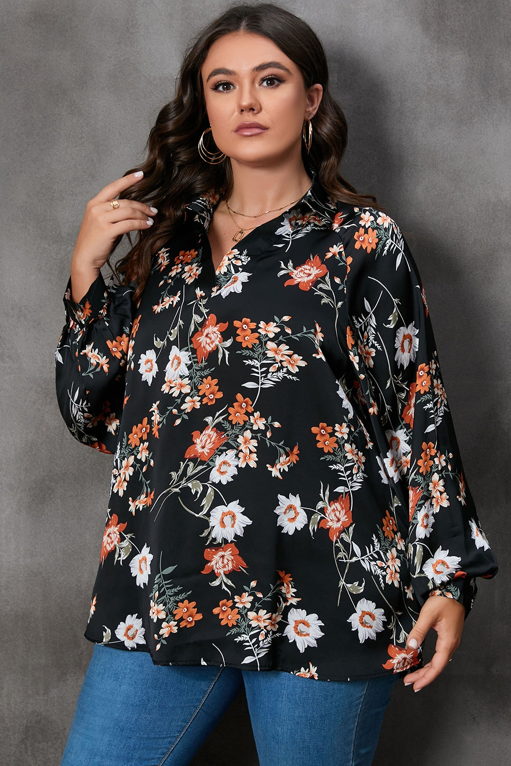 Plus Size Printed Johnny Collar Long Sleeve Blouse - RebelReine Apparel & Co.