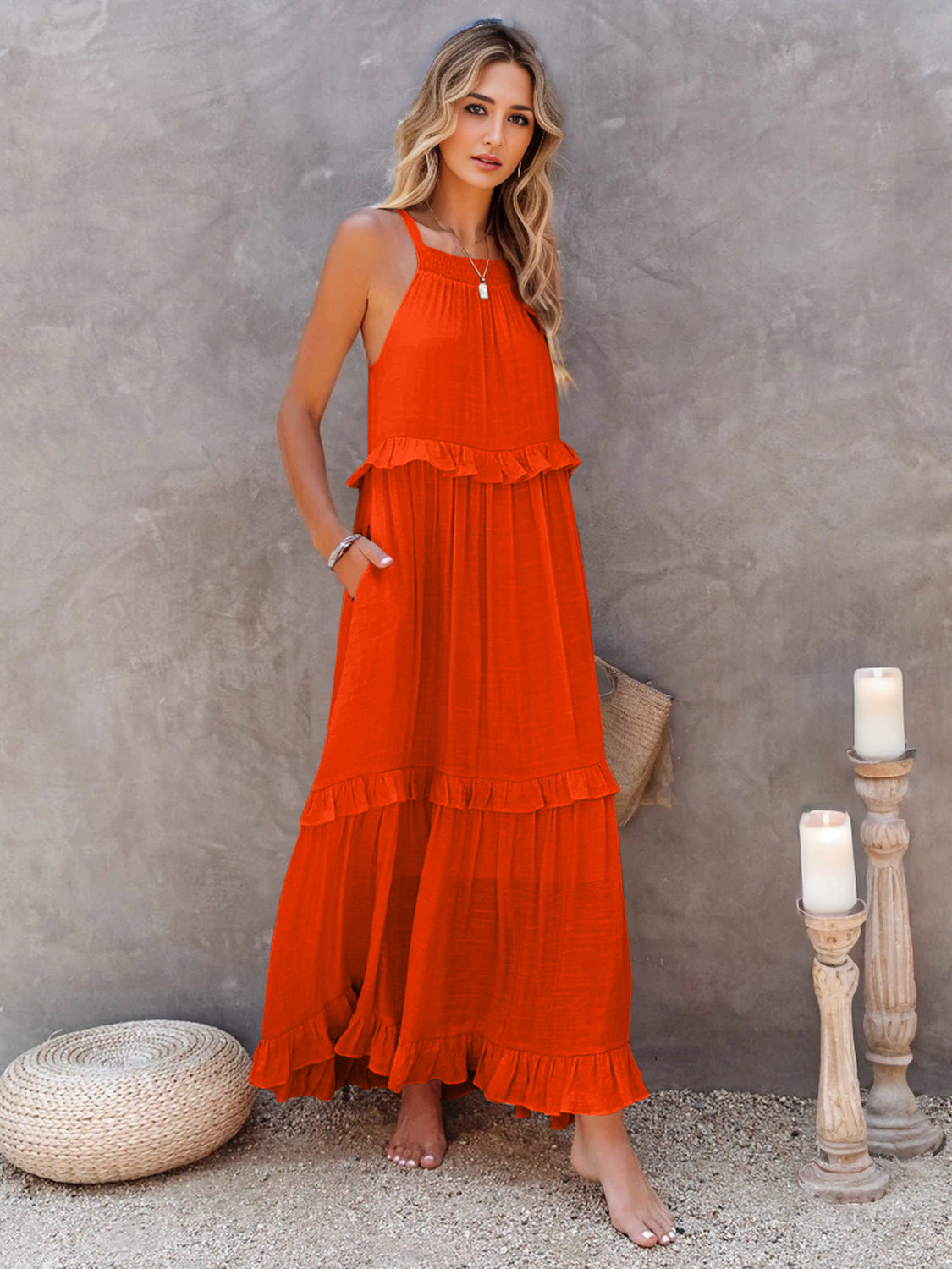 Ruffled Sleeveless Tiered Maxi Dress with Pockets - RebelReine Apparel & Co.