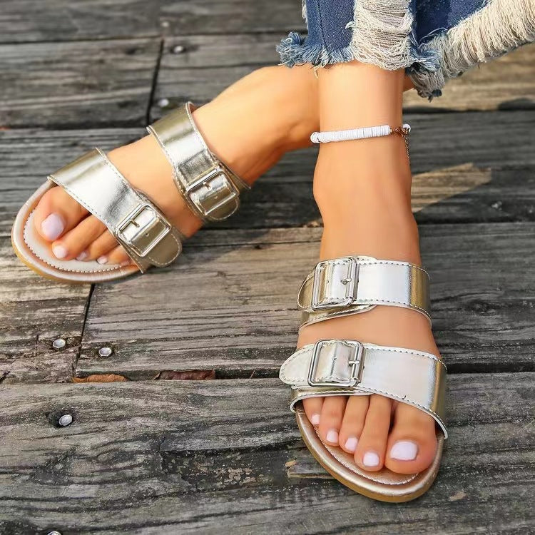 Open Toe Double Buckle Sandals - RebelReine Apparel & Co.