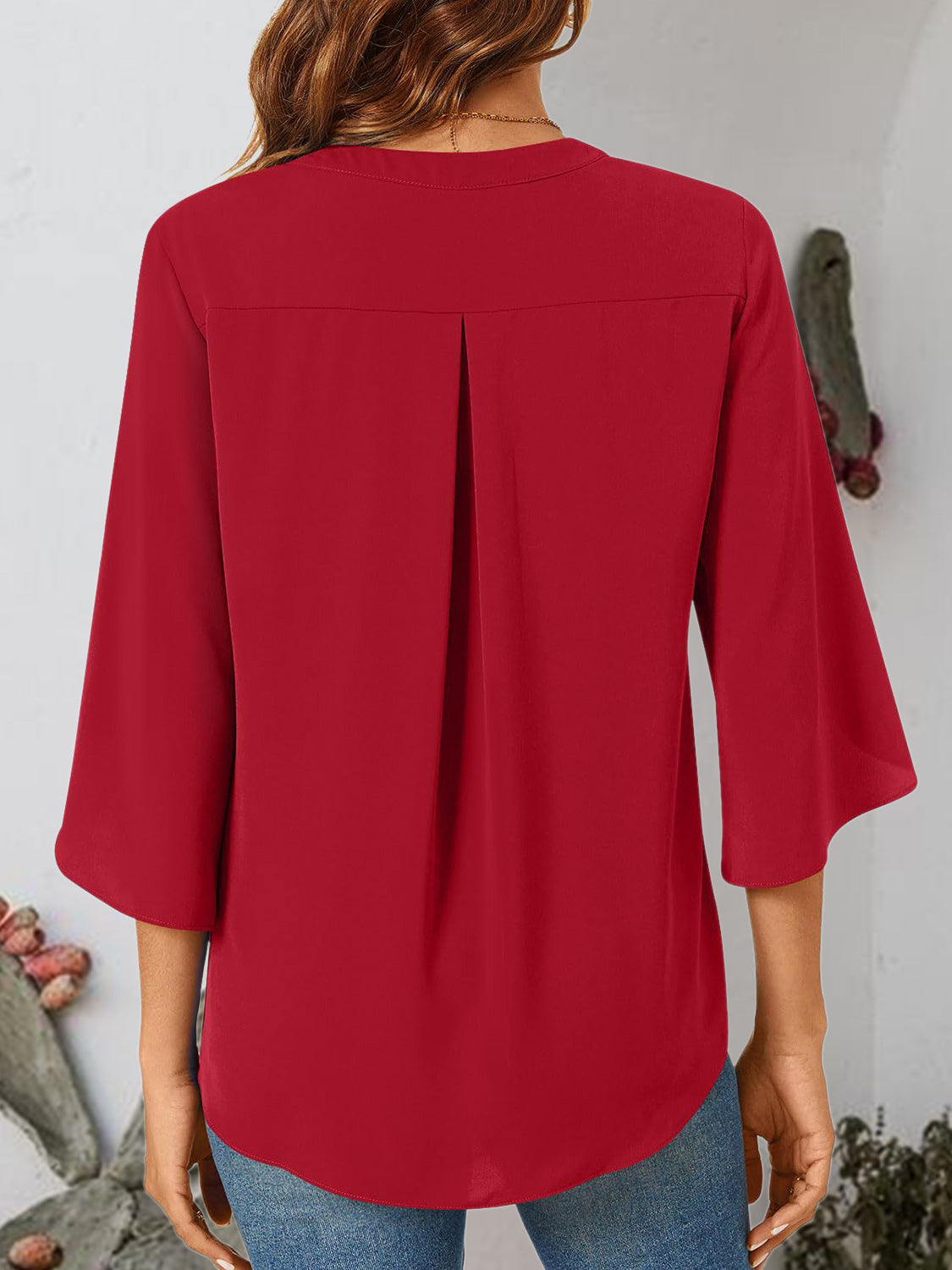 Notched Slit Half Sleeve Blouse - RebelReine Apparel & Co.