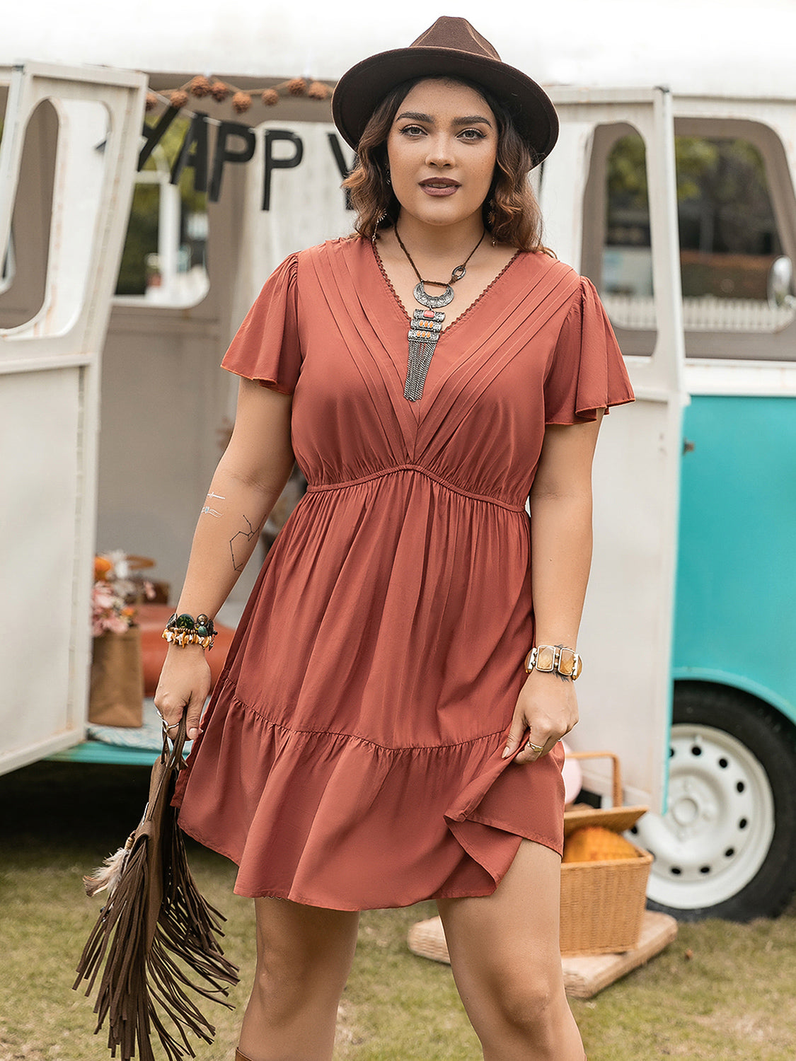 Plus Size Ruffle Hem V-Neck Short Sleeve Dress - RebelReine Apparel & Co.