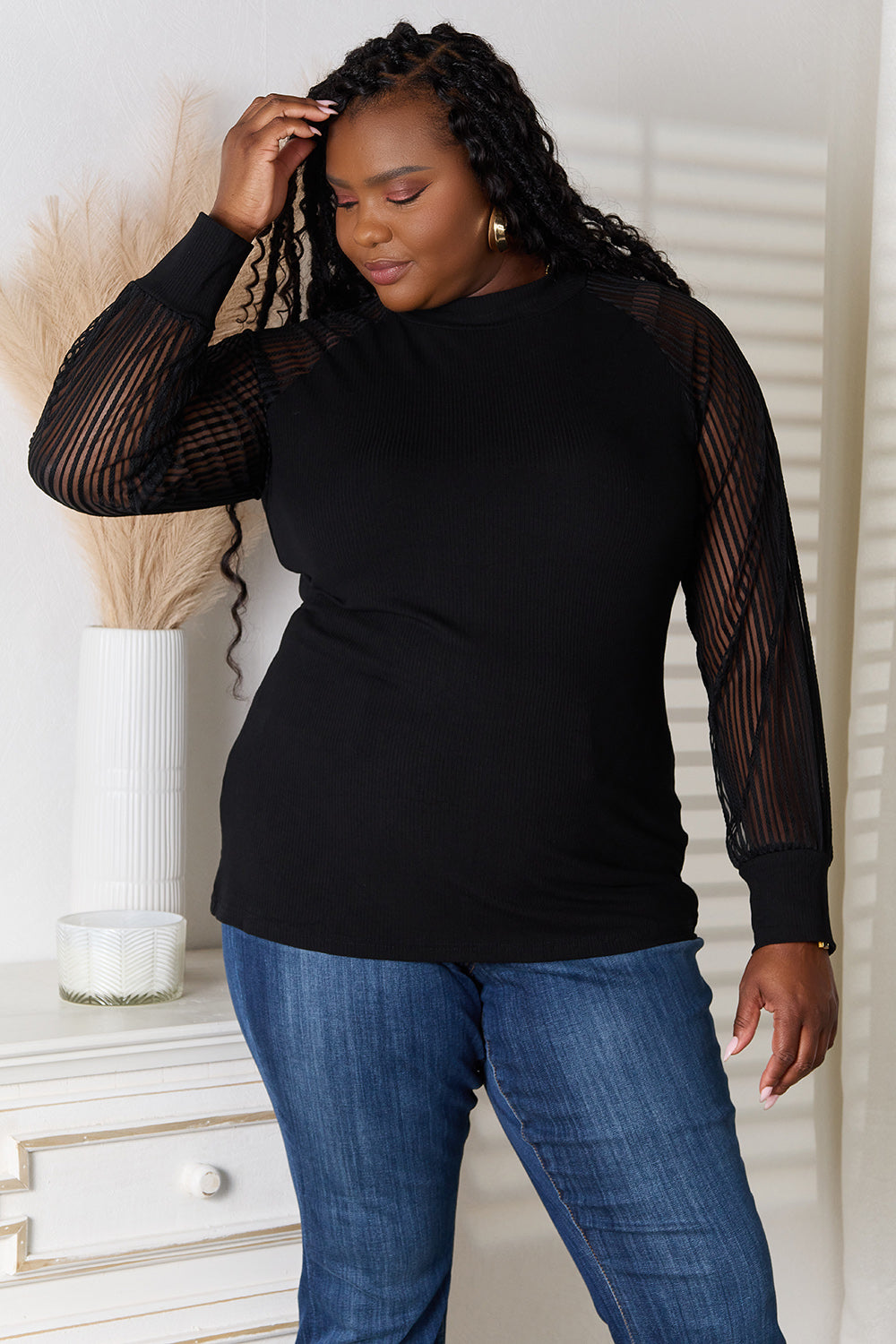 Double Take Round Neck Raglan Sleeve Blouse - RebelReine Apparel & Co.