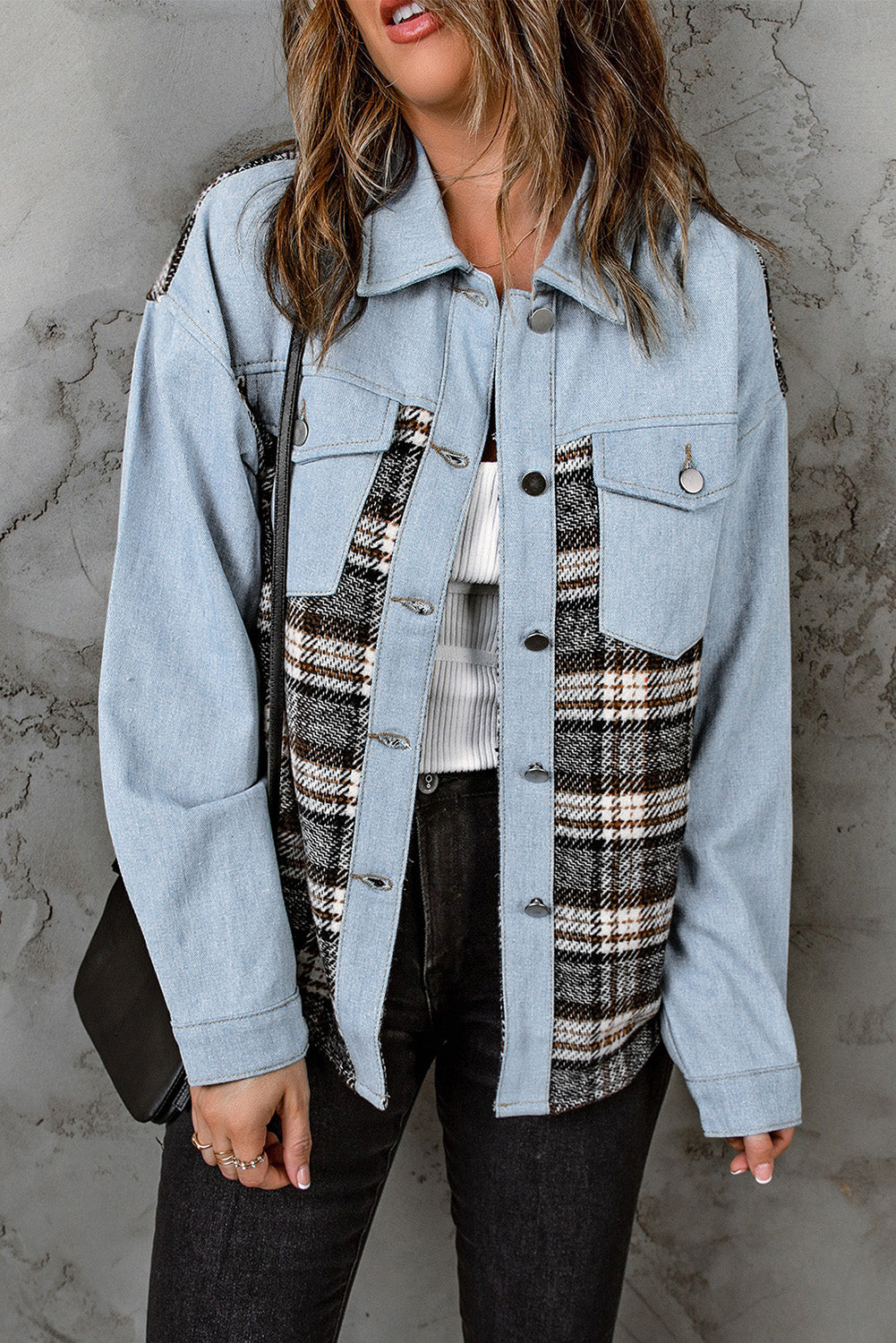 Plaid Pocketed Button Up Denim Jacket - RebelReine Apparel & Co.