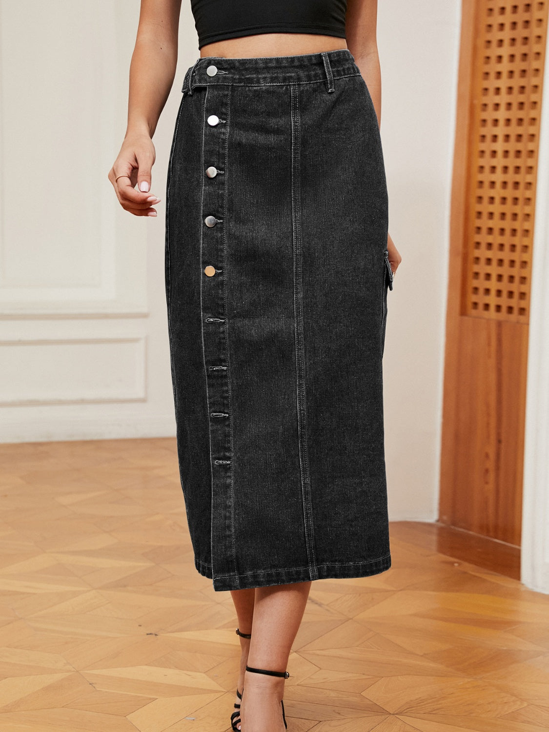 Button Down Midi Denim Skirt - RebelReine Apparel & Co.