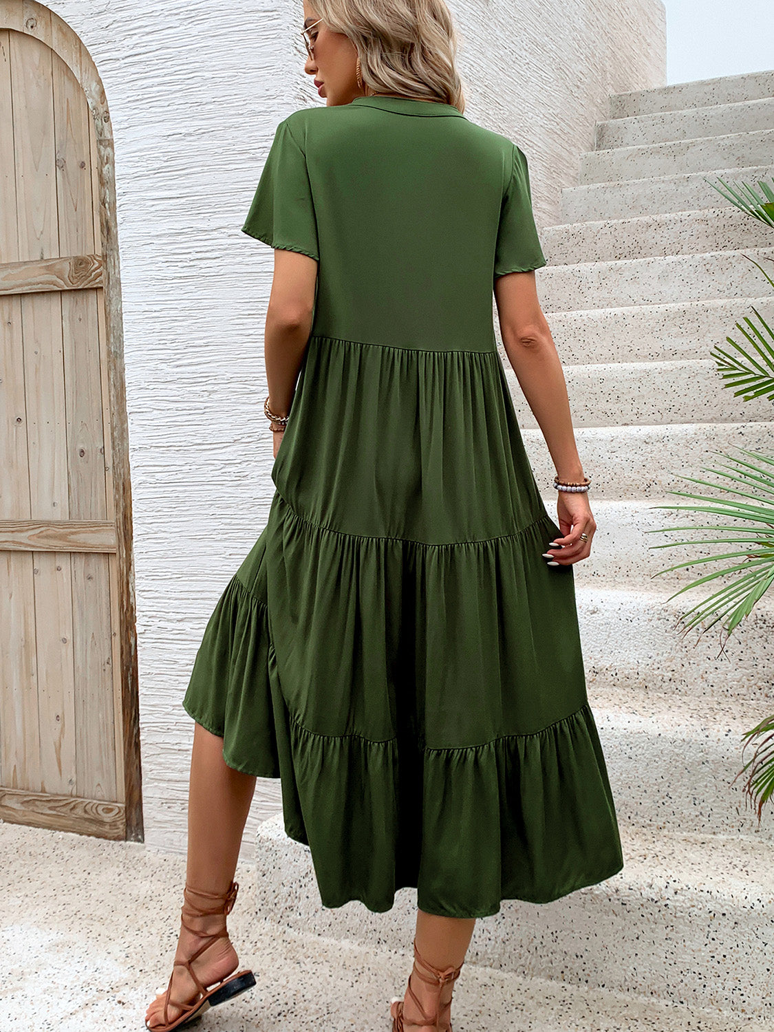 Tiered Notched Short Sleeve Midi Dress - RebelReine Apparel & Co.