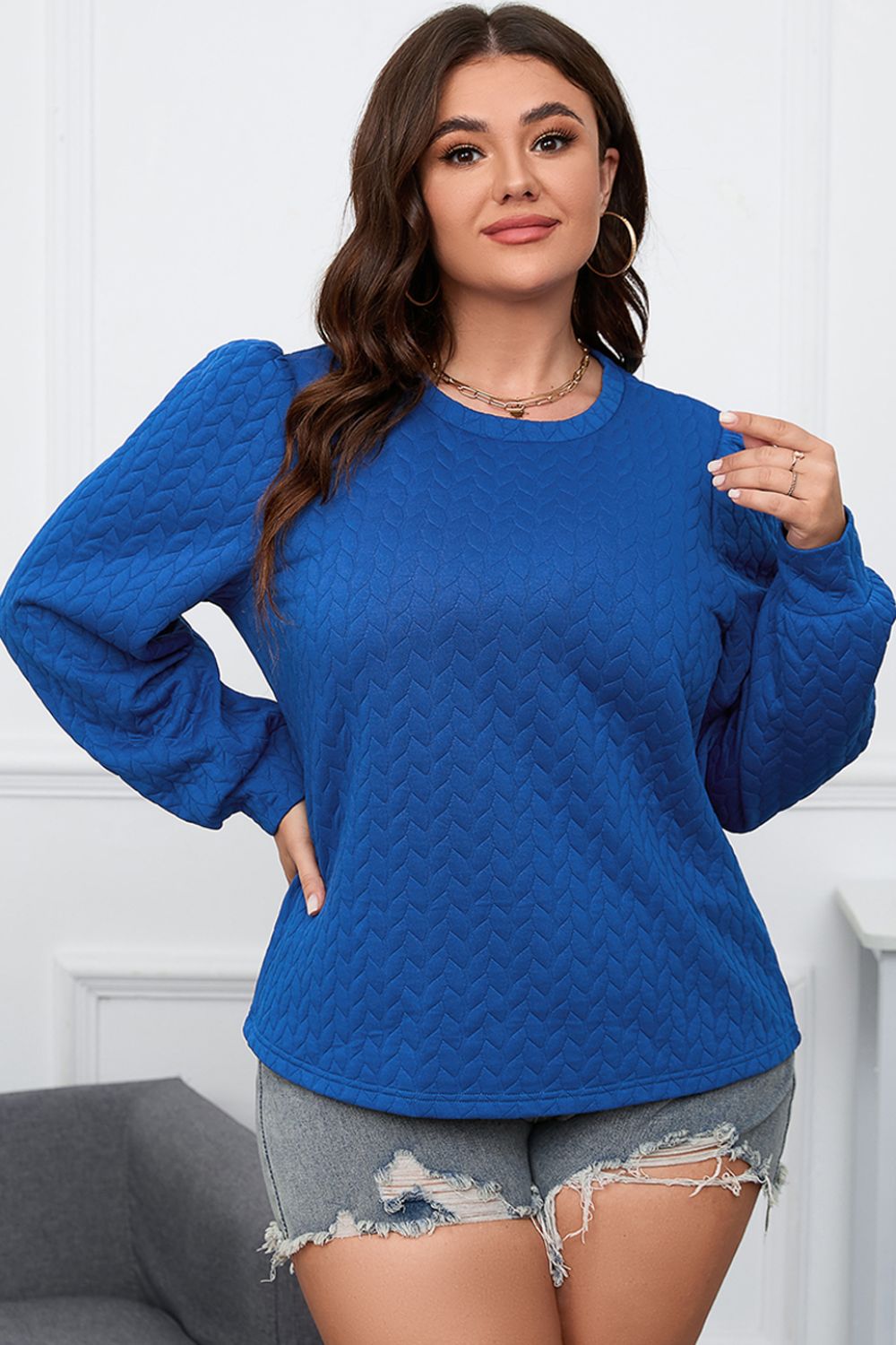 Plus Size Textured Round Neck Long Sleeve Top - RebelReine Apparel & Co.