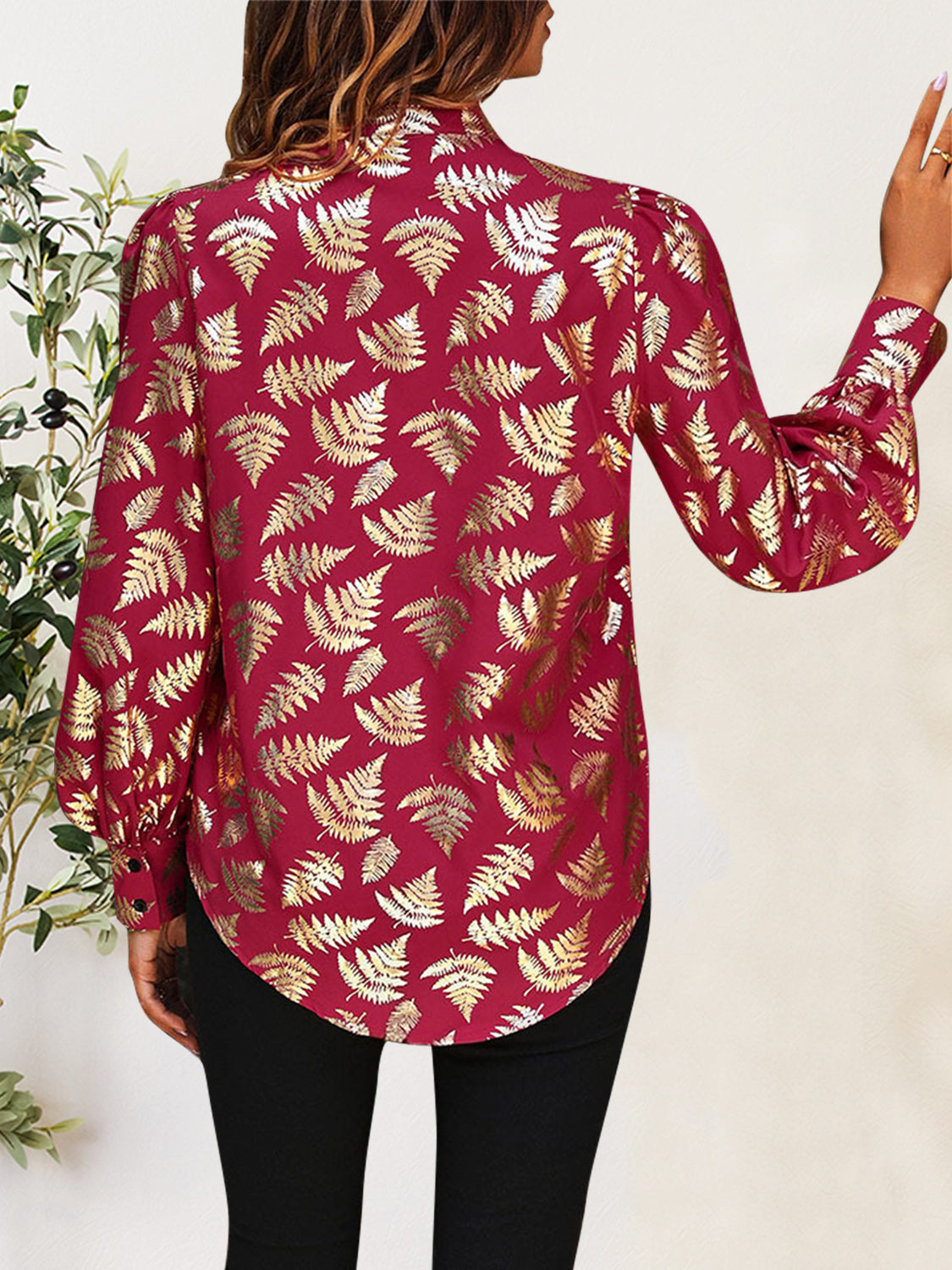 Printed Notched Long Sleeve Shirt - RebelReine Apparel & Co.