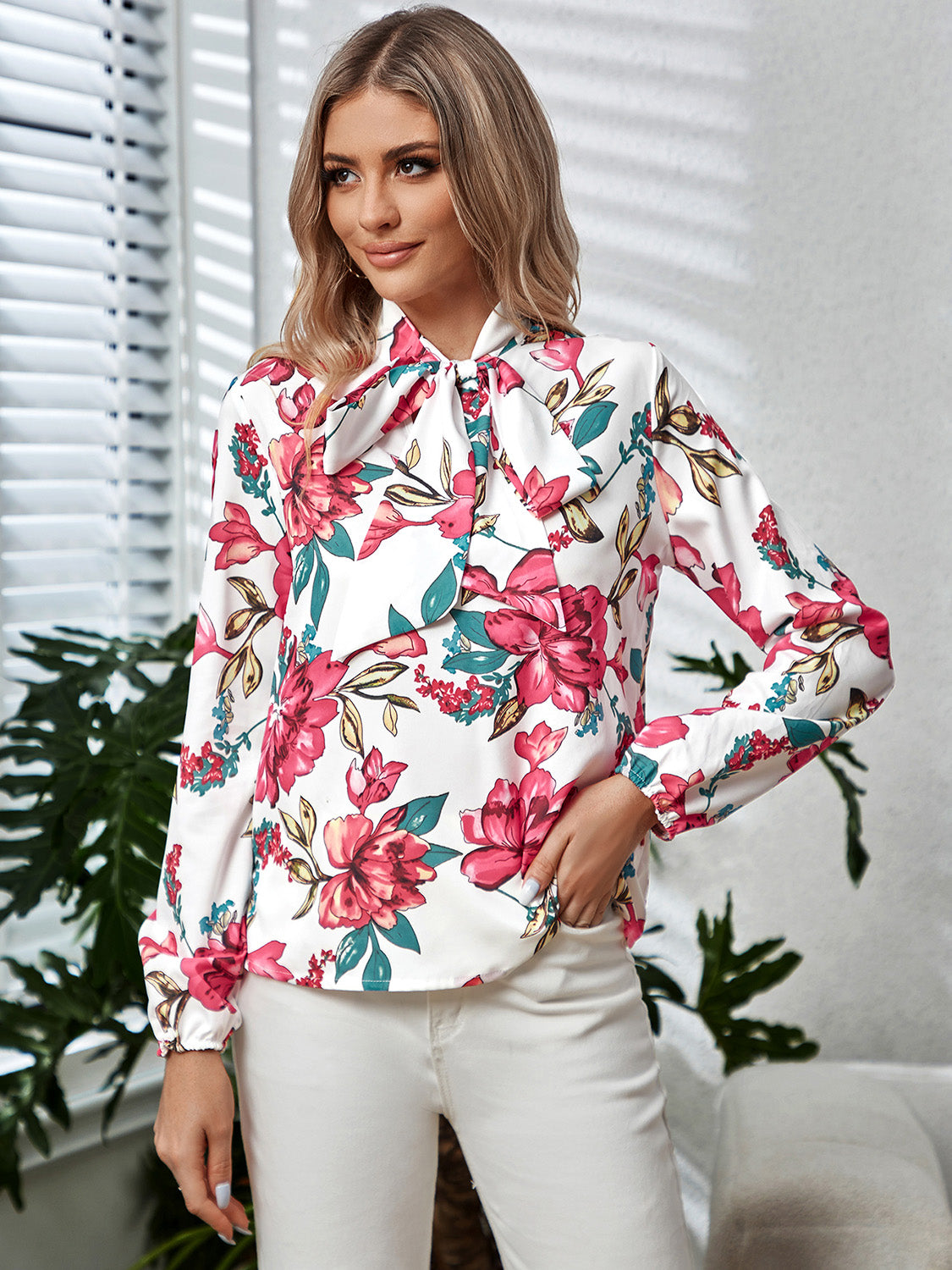 Printed Tie Neck Long Sleeve Blouse - RebelReine Apparel & Co.