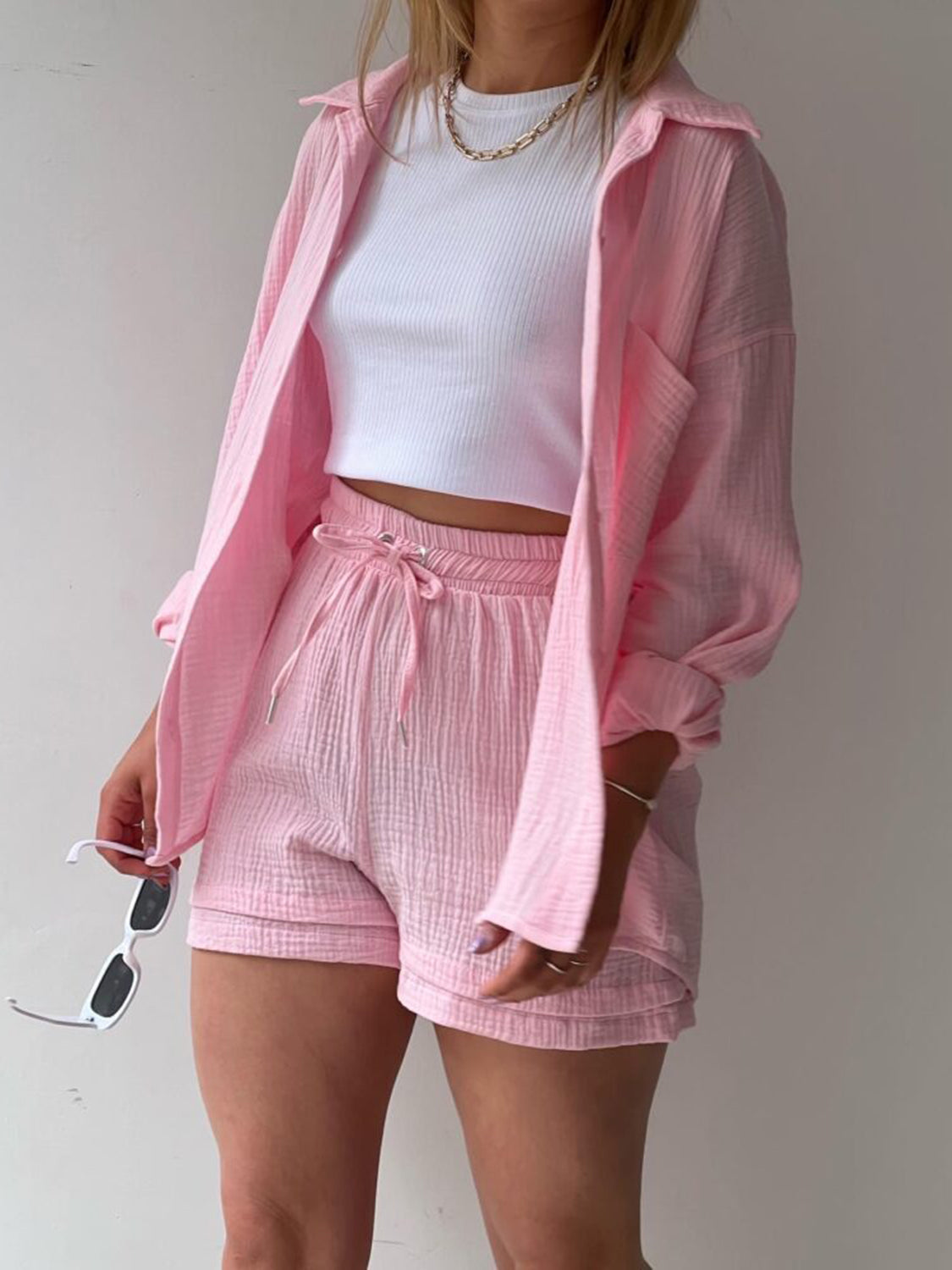 Texture Button Up Shirt and Drawstring Shorts Set