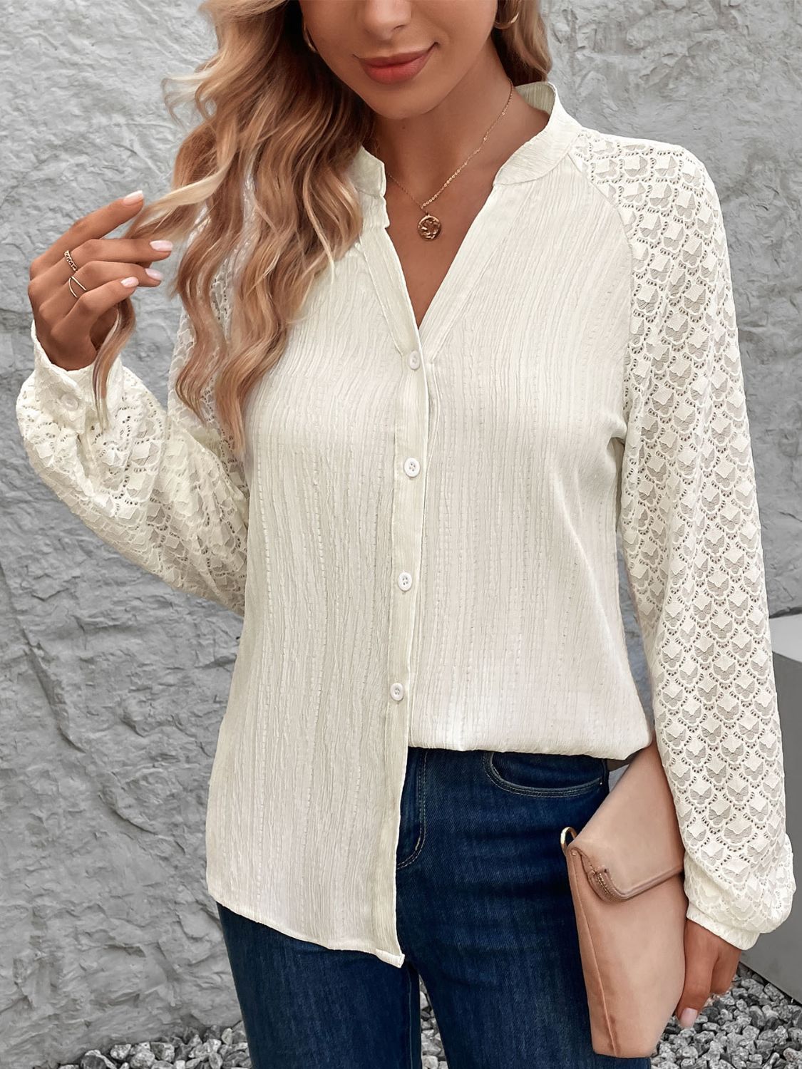 Textured Notched Long Sleeve Shirt - RebelReine Apparel & Co.