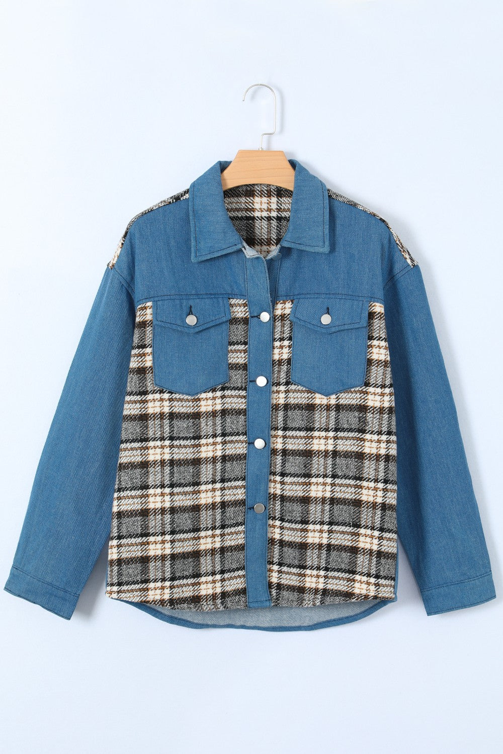 Plaid Pocketed Button Up Denim Jacket - RebelReine Apparel & Co.