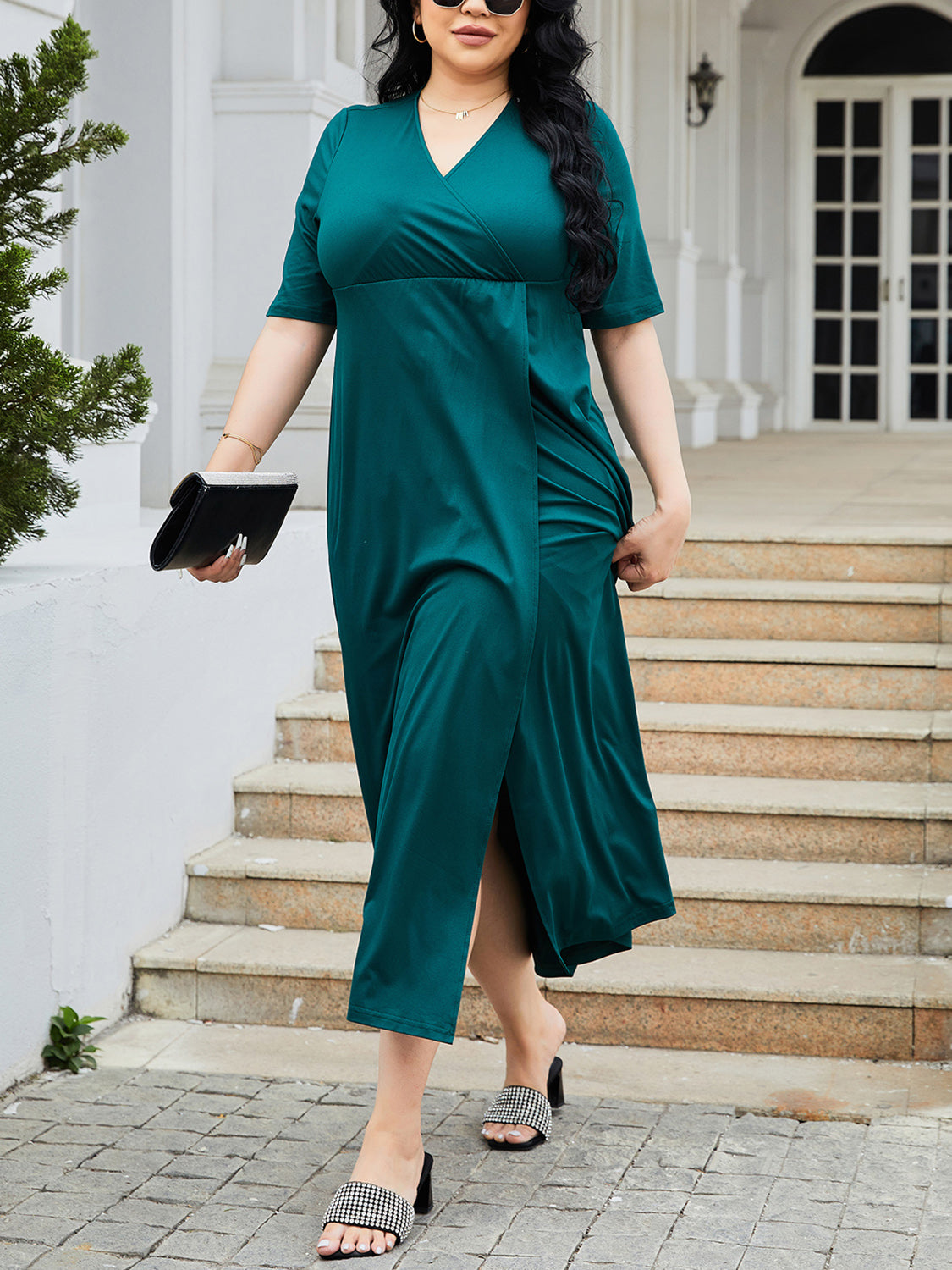 Plus Size Slit Surplice Short Sleeve Midi Dress - RebelReine Apparel & Co.