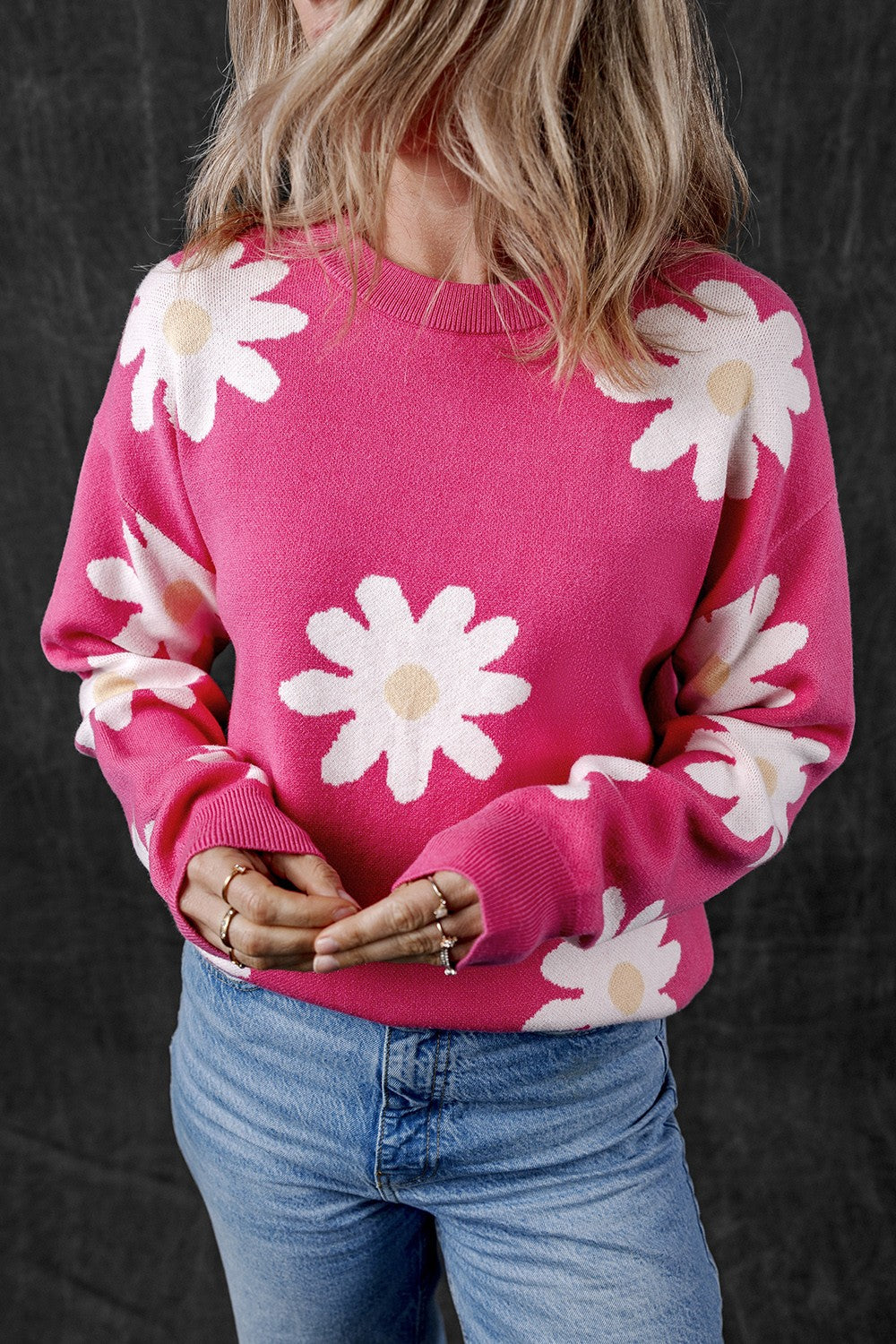 Daisy Round Neck Dropped Shoulder Sweater - RebelReine Apparel & Co.