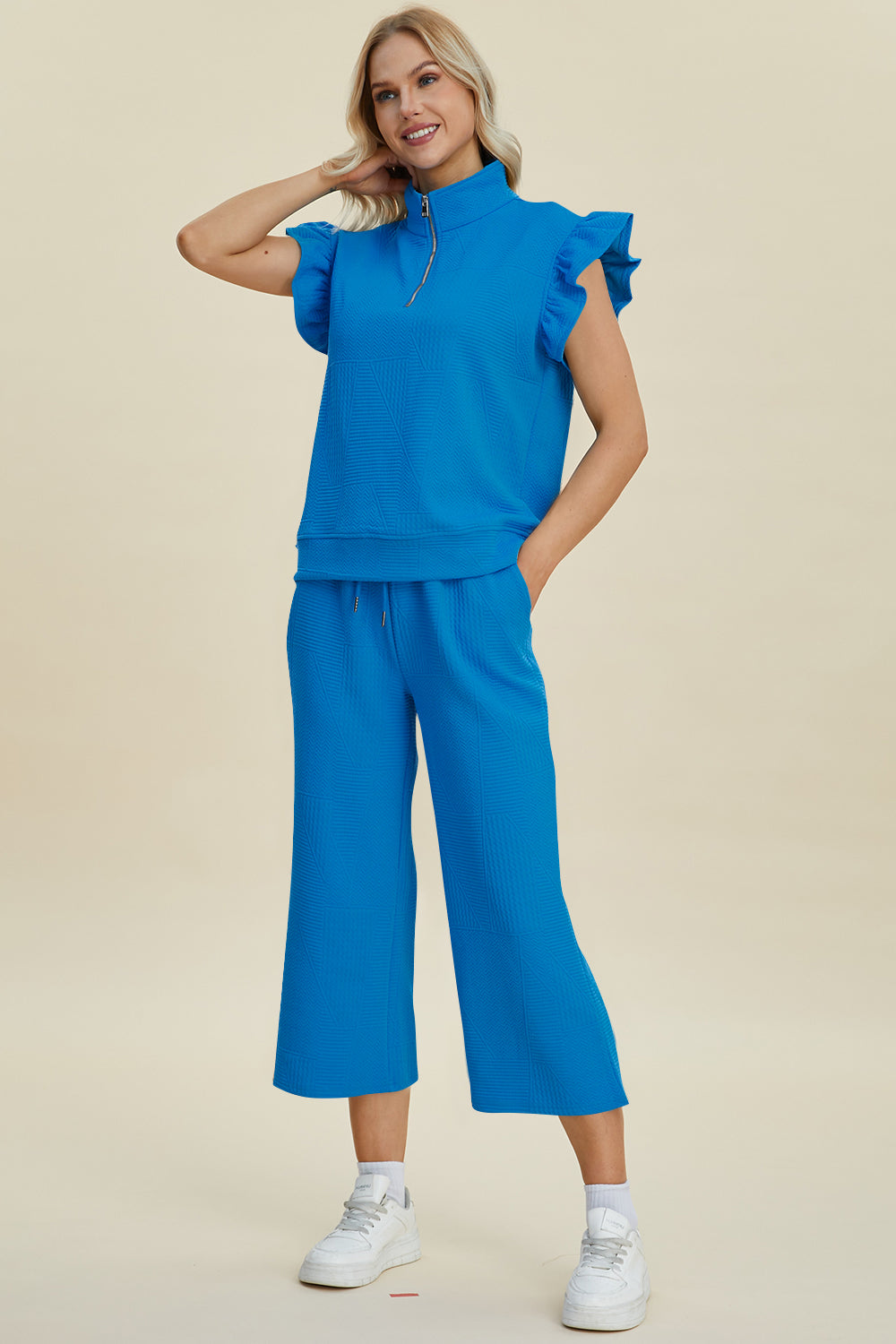 Double Take Full Size Texture Ruffle Short Sleeve Top and Wide Leg Pants Set - RebelReine Apparel & Co.