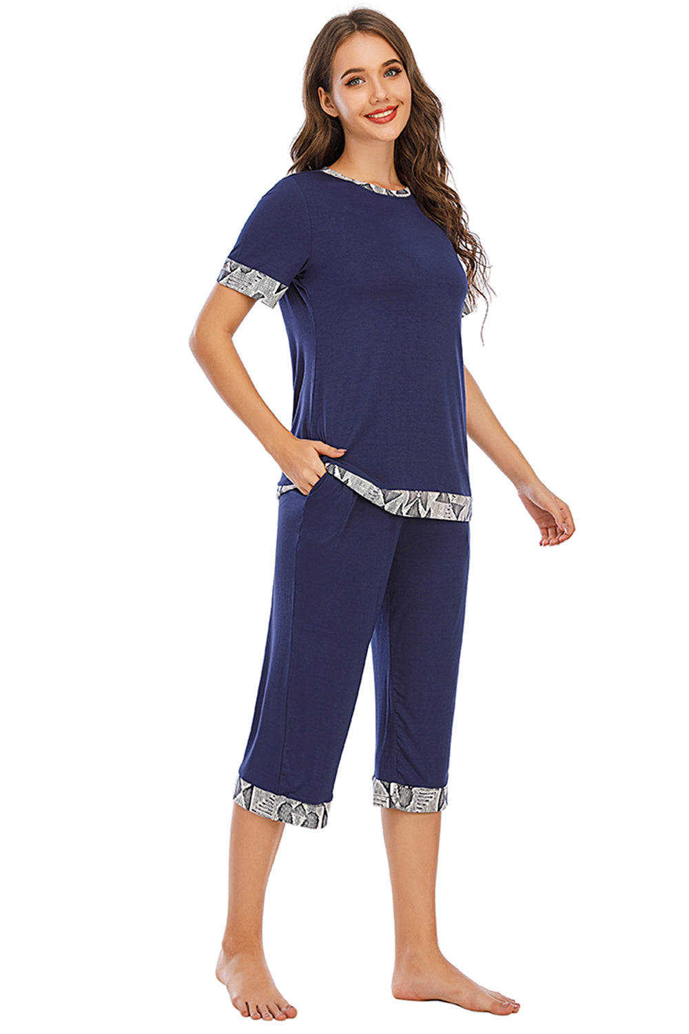 Round Neck Short Sleeve Top and Capris Pants Lounge Set - RebelReine Apparel & Co.