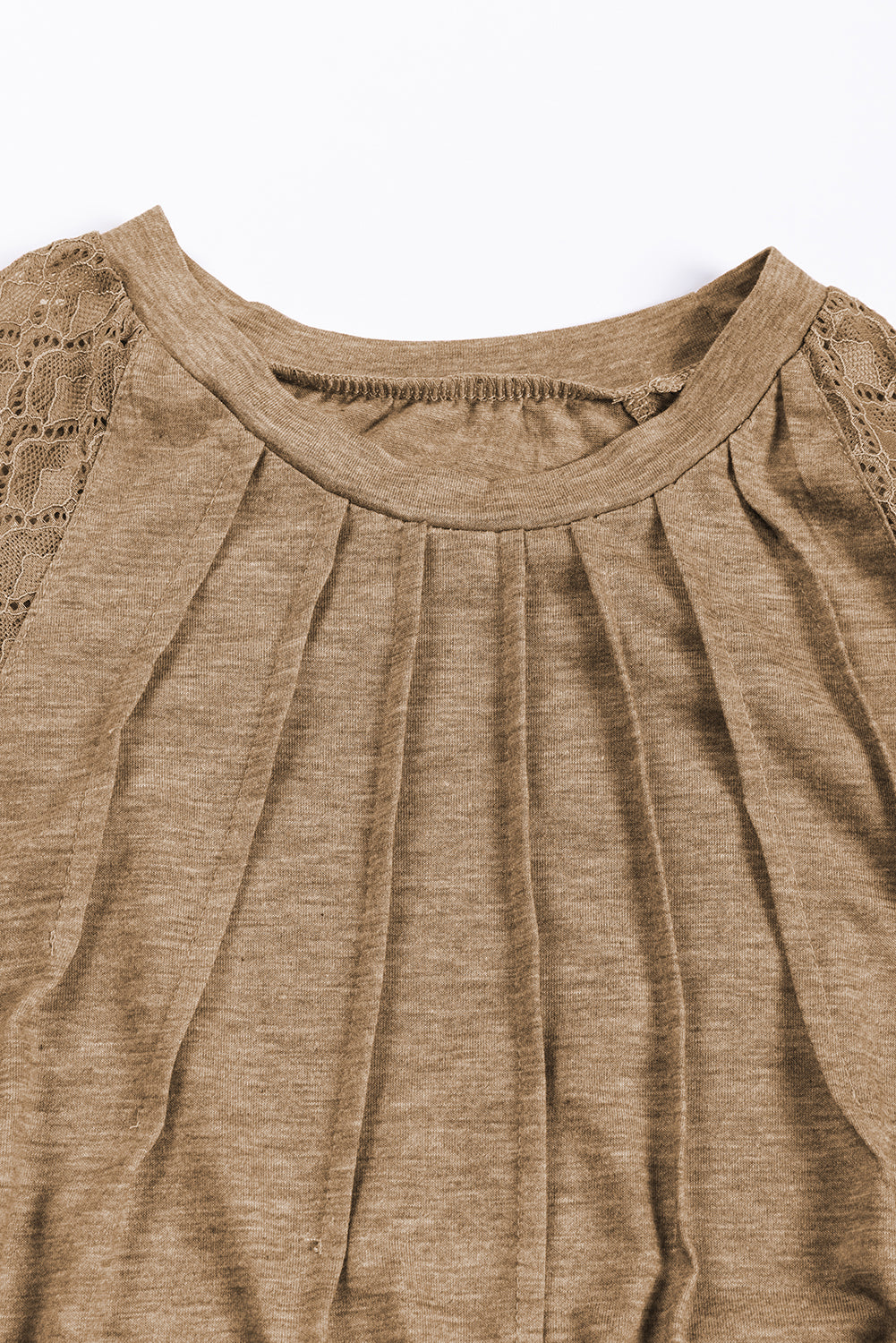 Light French Beige Contrast Lace Raglan Sleeve Plicate Round Neck Top - RebelReine Apparel & Co.