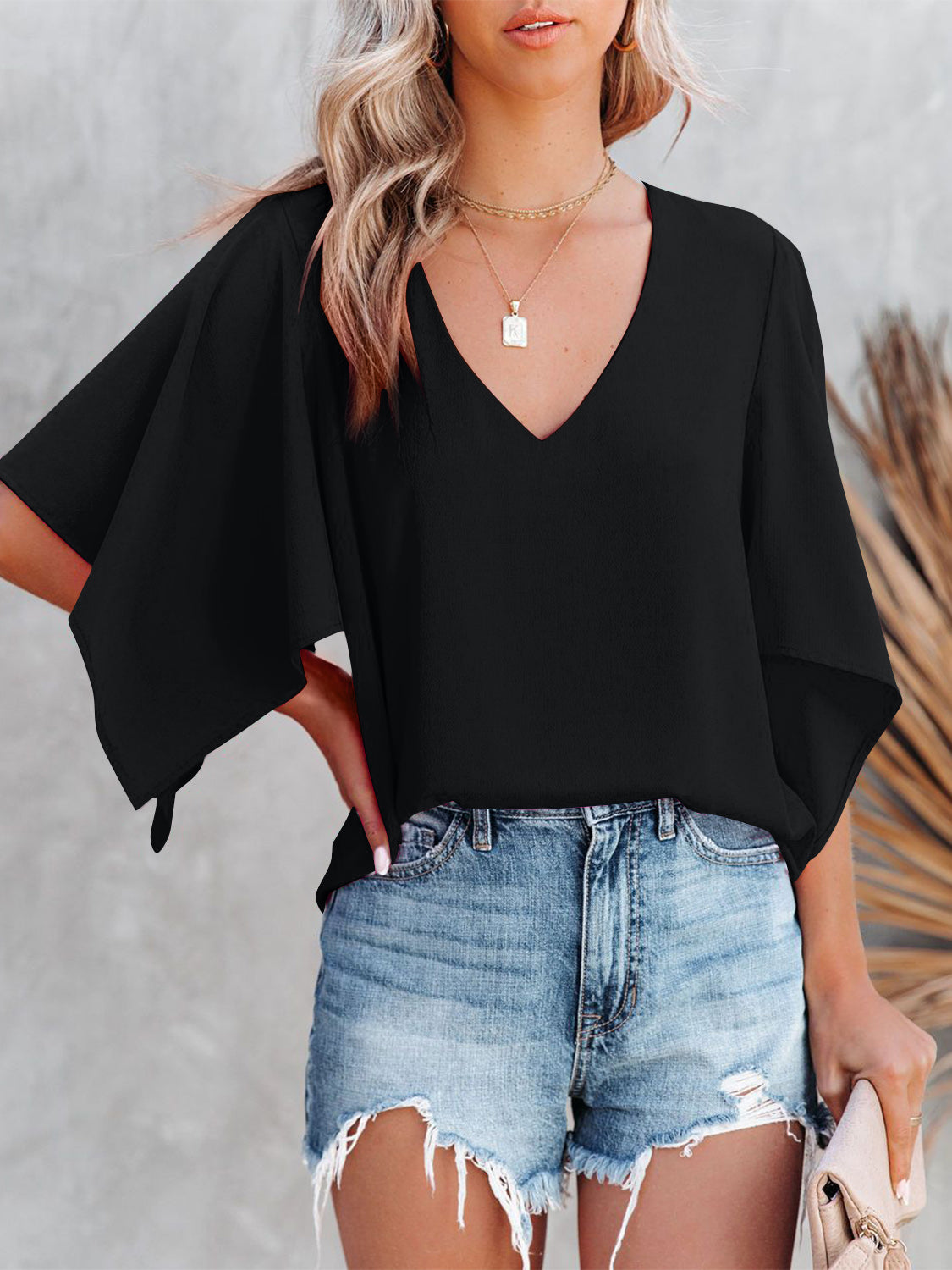 V-Neck Half Sleeve Blouse - RebelReine Apparel & Co.