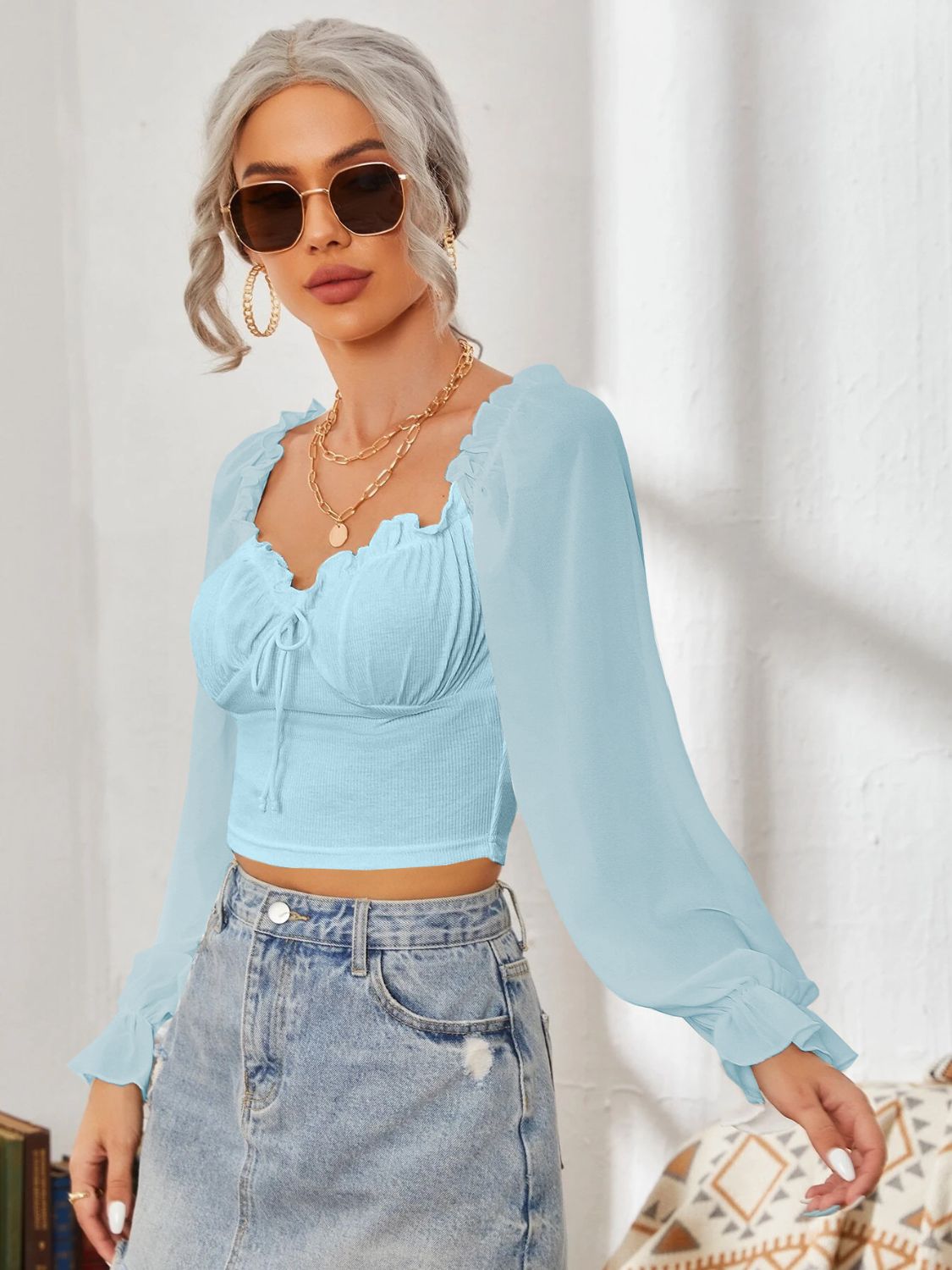 Mesh Sweetheart Neck Flounce Sleeve Top - RebelReine Apparel & Co.