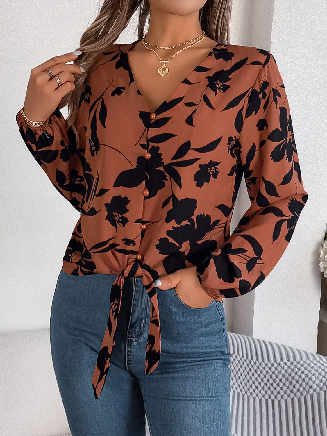 Printed V-Neck Long Sleeve Blouse - RebelReine Apparel & Co.