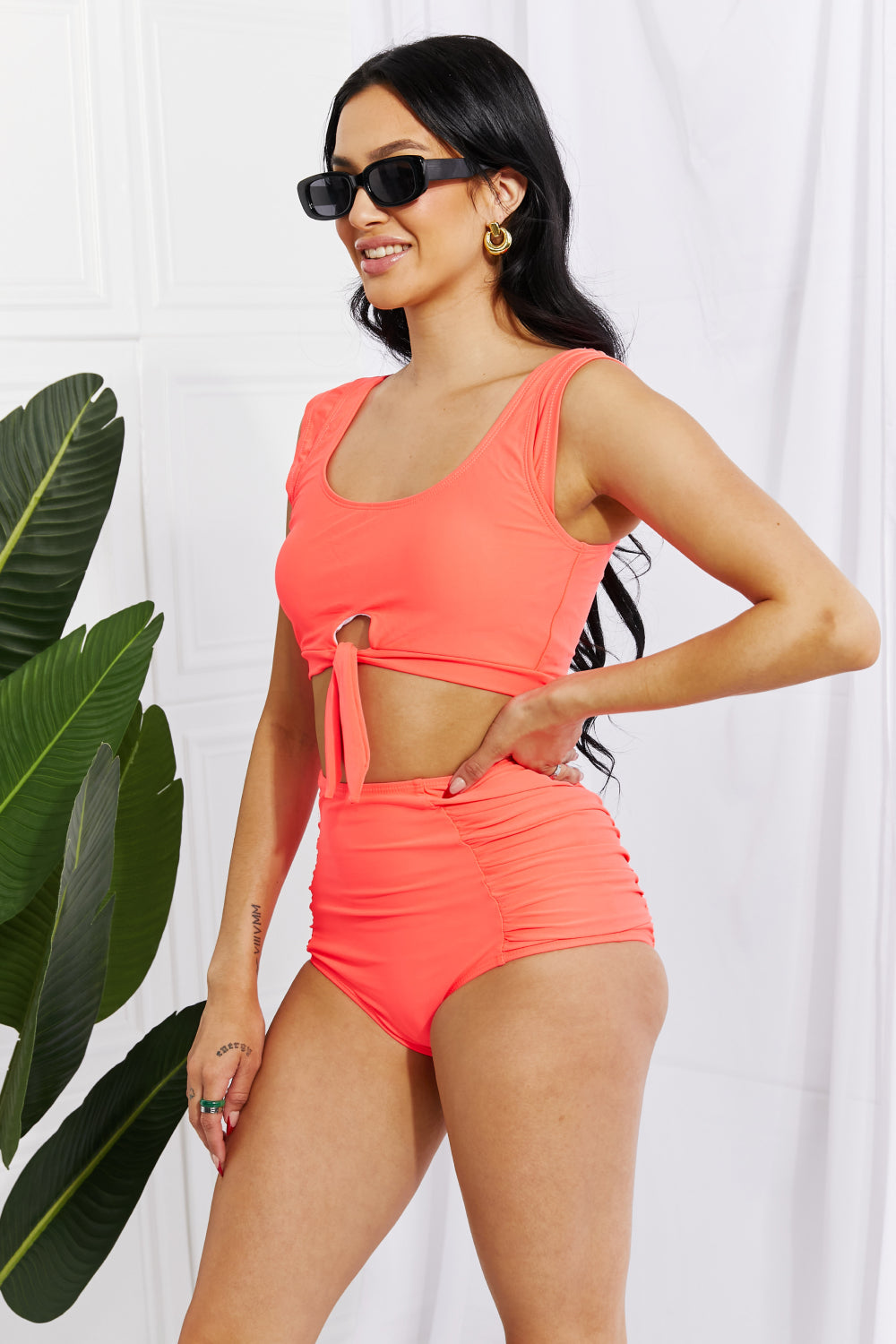 Marina West Swim Sanibel Crop Swim Top and Ruched Bottoms Set in Coral - RebelReine Apparel & Co.