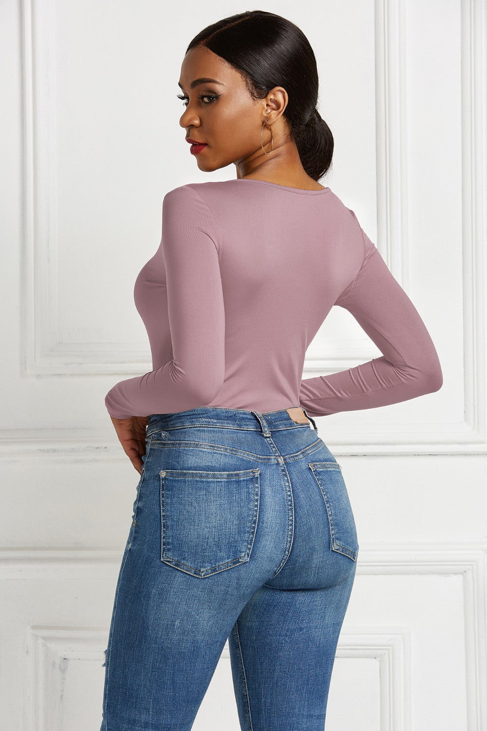 Half Zip Scoop Neck Long Sleeve Bodysuit Trendsi