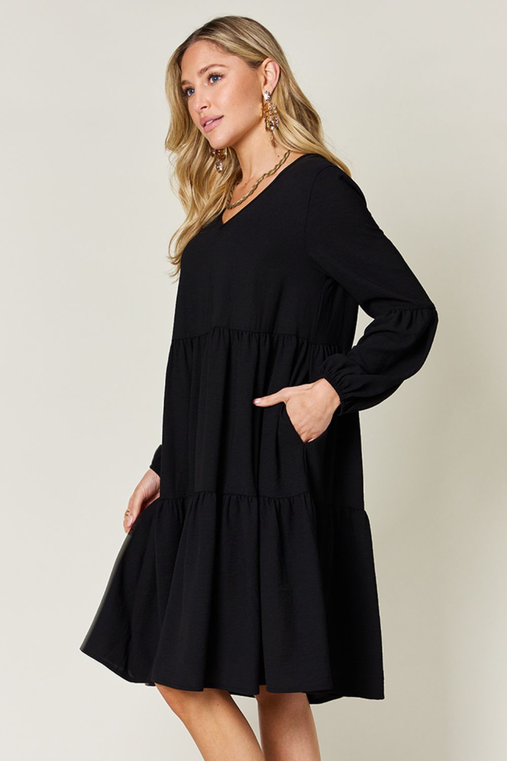 Double Take Full Size V-Neck Balloon Sleeve Tiered Dress - RebelReine Apparel & Co.