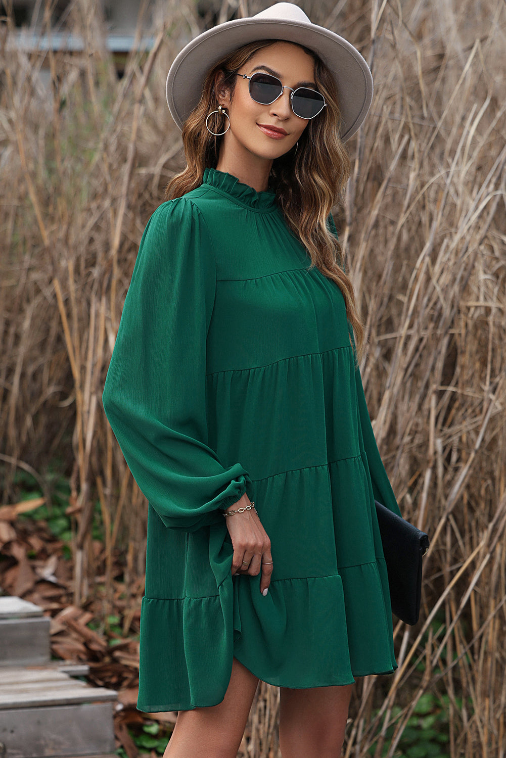 Green Puff Sleeve Mock Neck Back Knot Tiered Dress - RebelReine Apparel & Co.