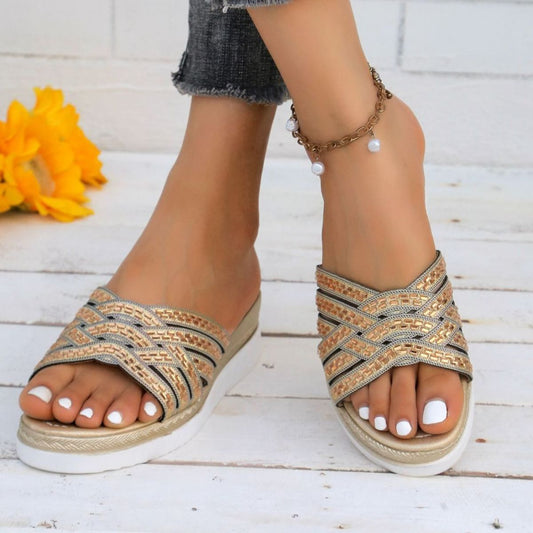 Rhinestone Open Toe Wedge Sandals - RebelReine Apparel & Co.