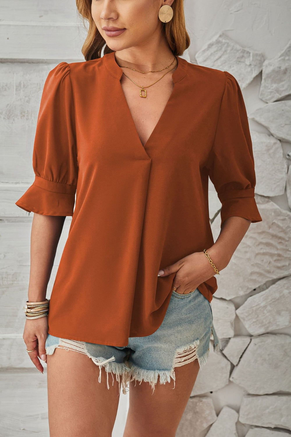 Notched Half Sleeve Blouse - RebelReine Apparel & Co.