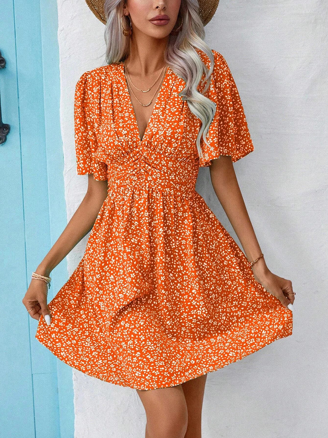 Printed V-Neck Half Sleeve Mini Dress - RebelReine Apparel & Co.